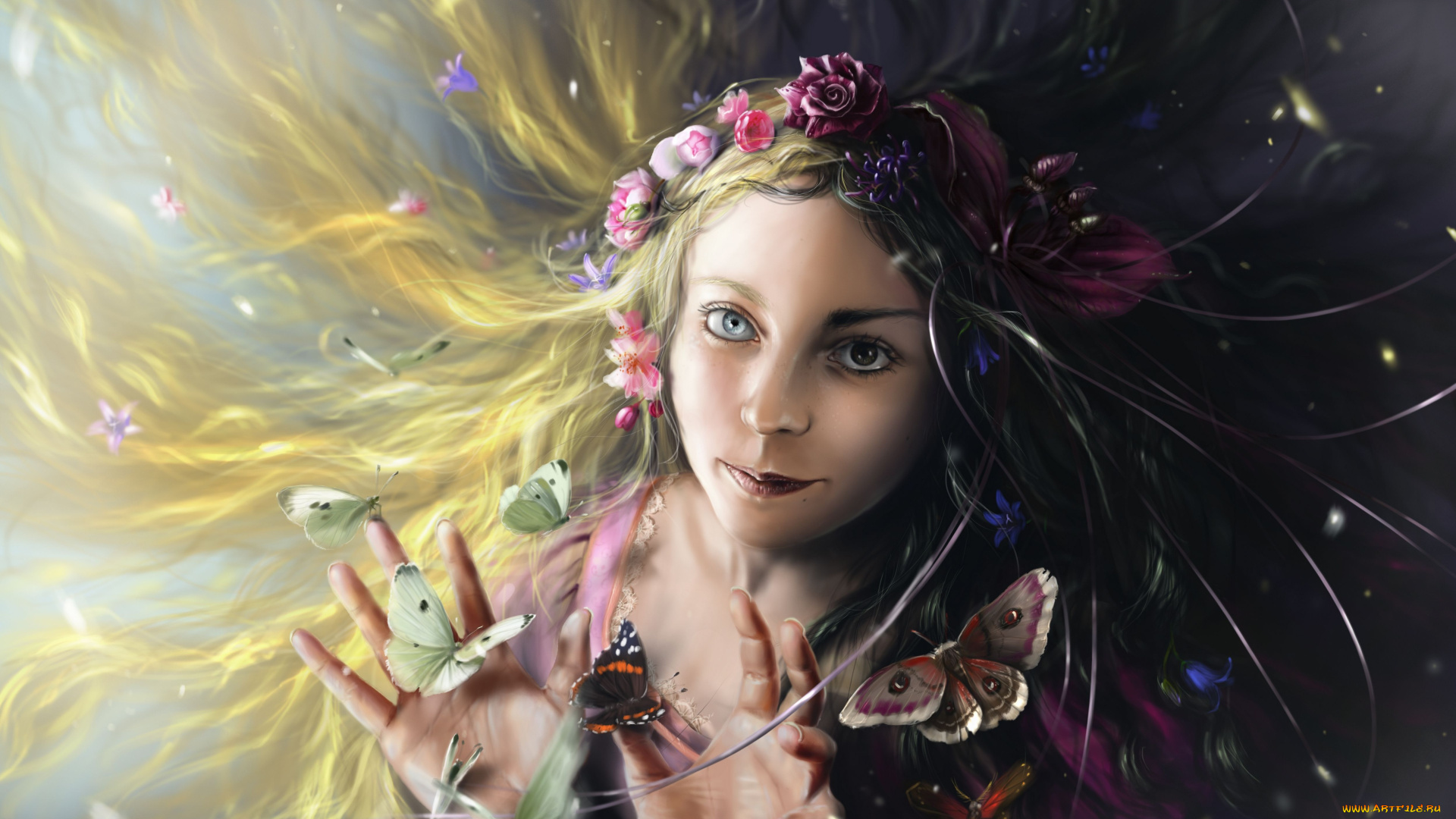 фэнтези, девушки, бабочки, венок, цветы, волосы, gianna, ragagnin