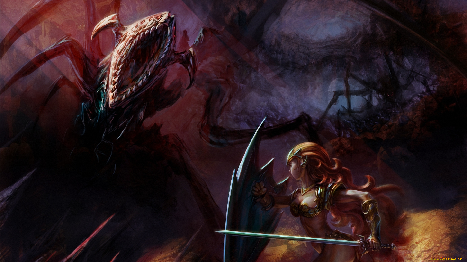 фэнтези, красавицы, чудовища, меч, монстр, чудовище, существо, амазонка, воительница, щит, девушка, сражение
