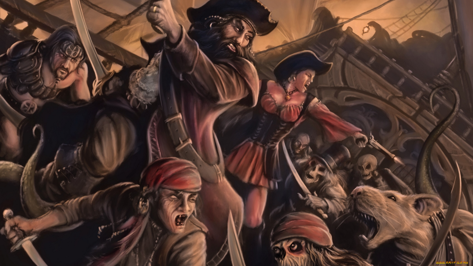 фэнтези, люди, пираты, нежить, крыса, сражение