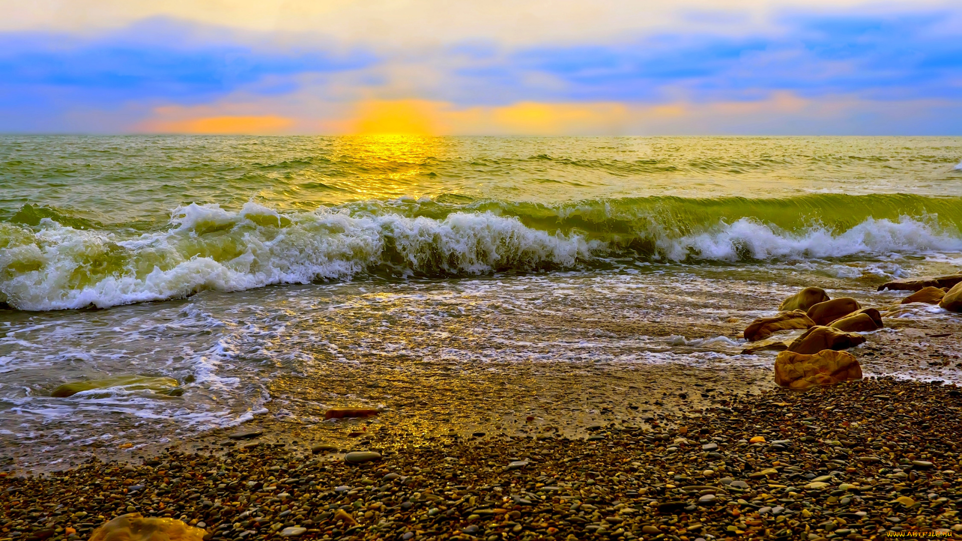 golden, morning, природа, восходы, закаты, горизонт, пляж, волна, солнце, океан, утро