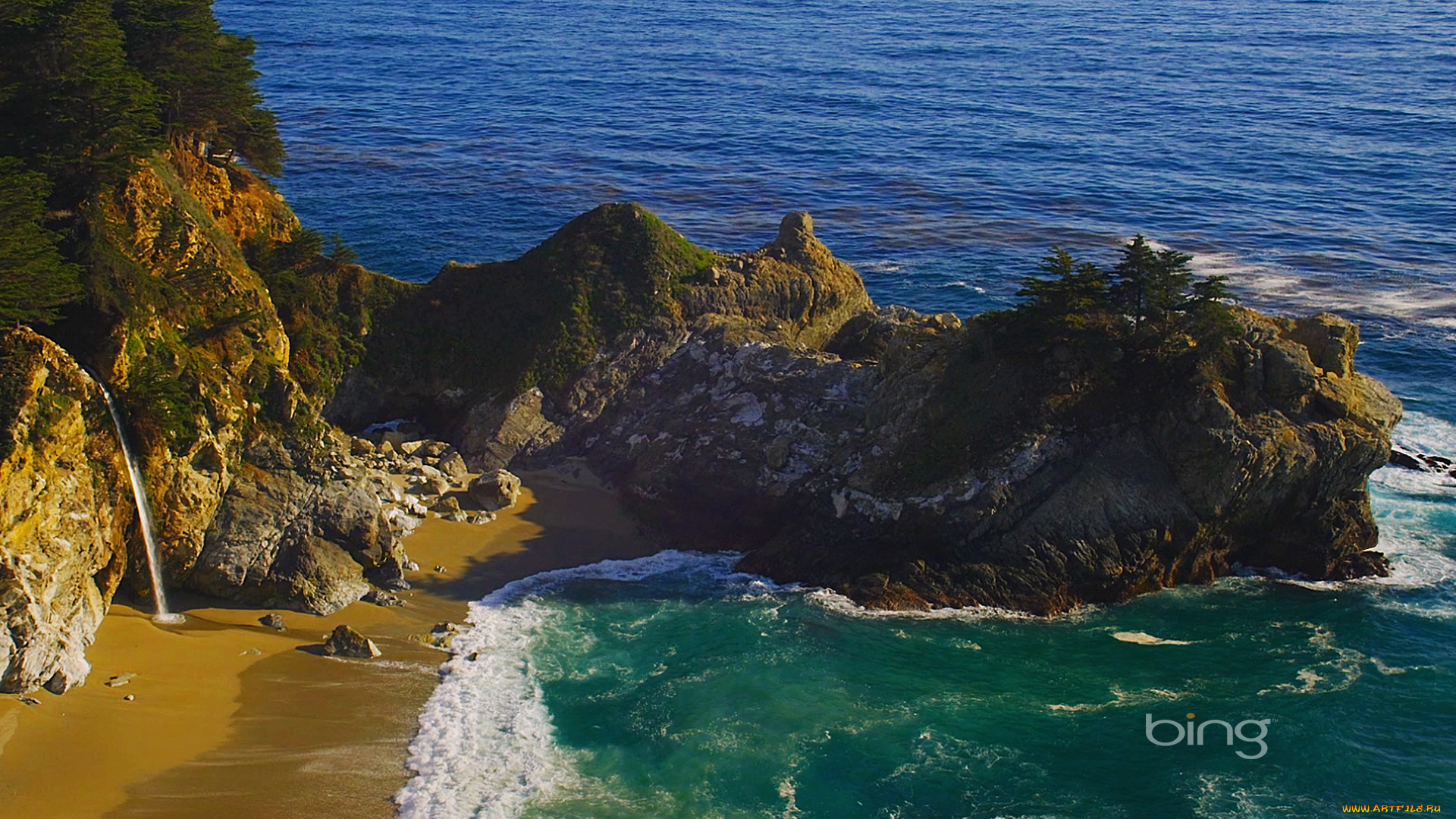 природа, побережье, море, скалы, водопад