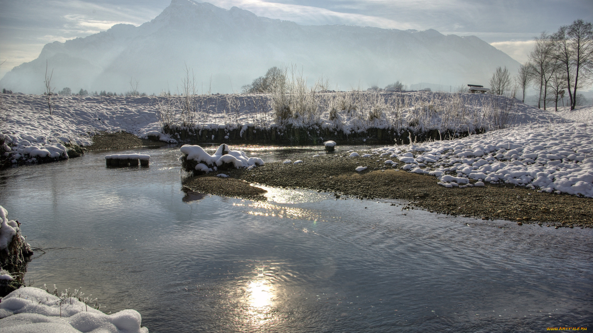 природа, реки, озера, горы, река, трава, снег, галька