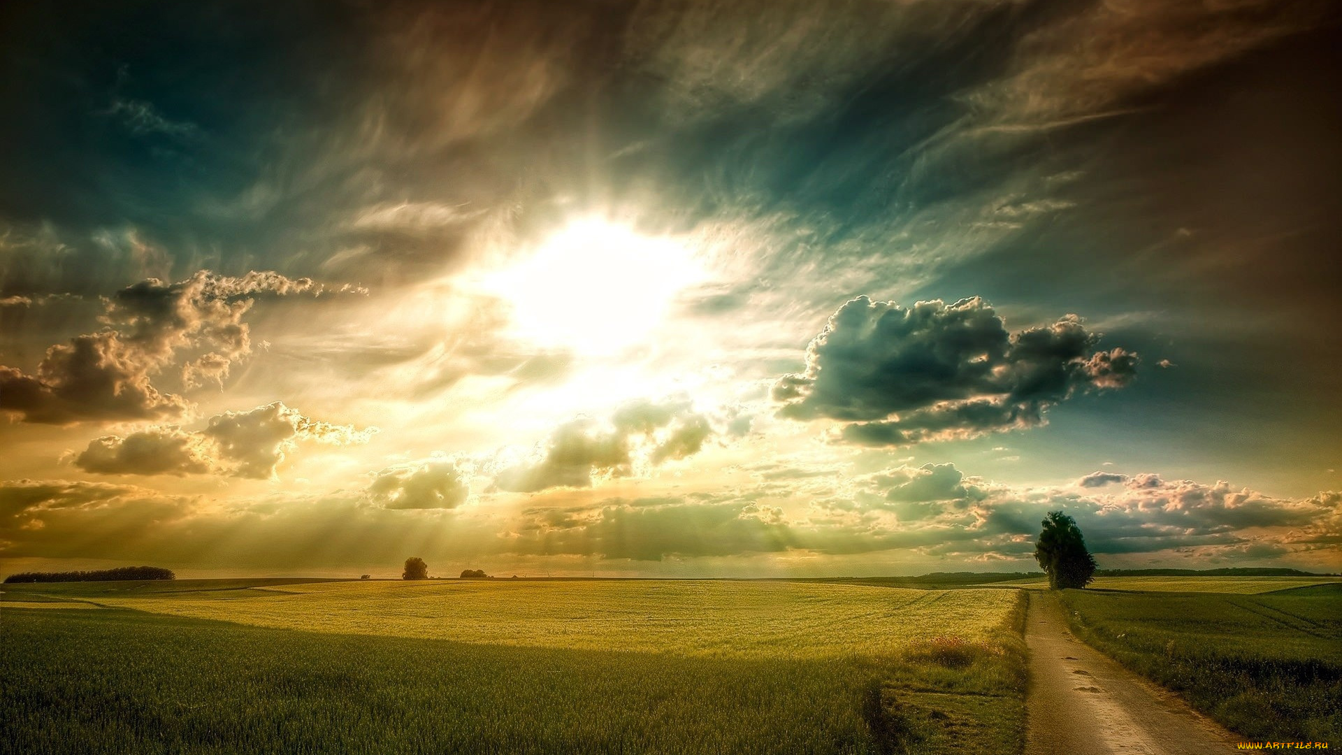 природа, восходы, закаты, лучи, поле, дорога, тучи, солнце