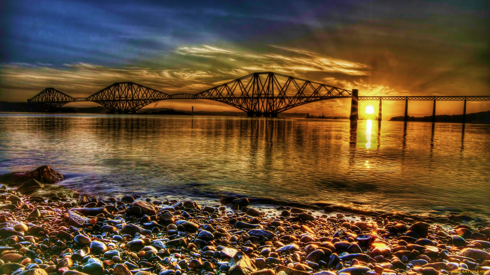 природа, восходы, закаты, река, закат, пляж, галька, мост, тучи