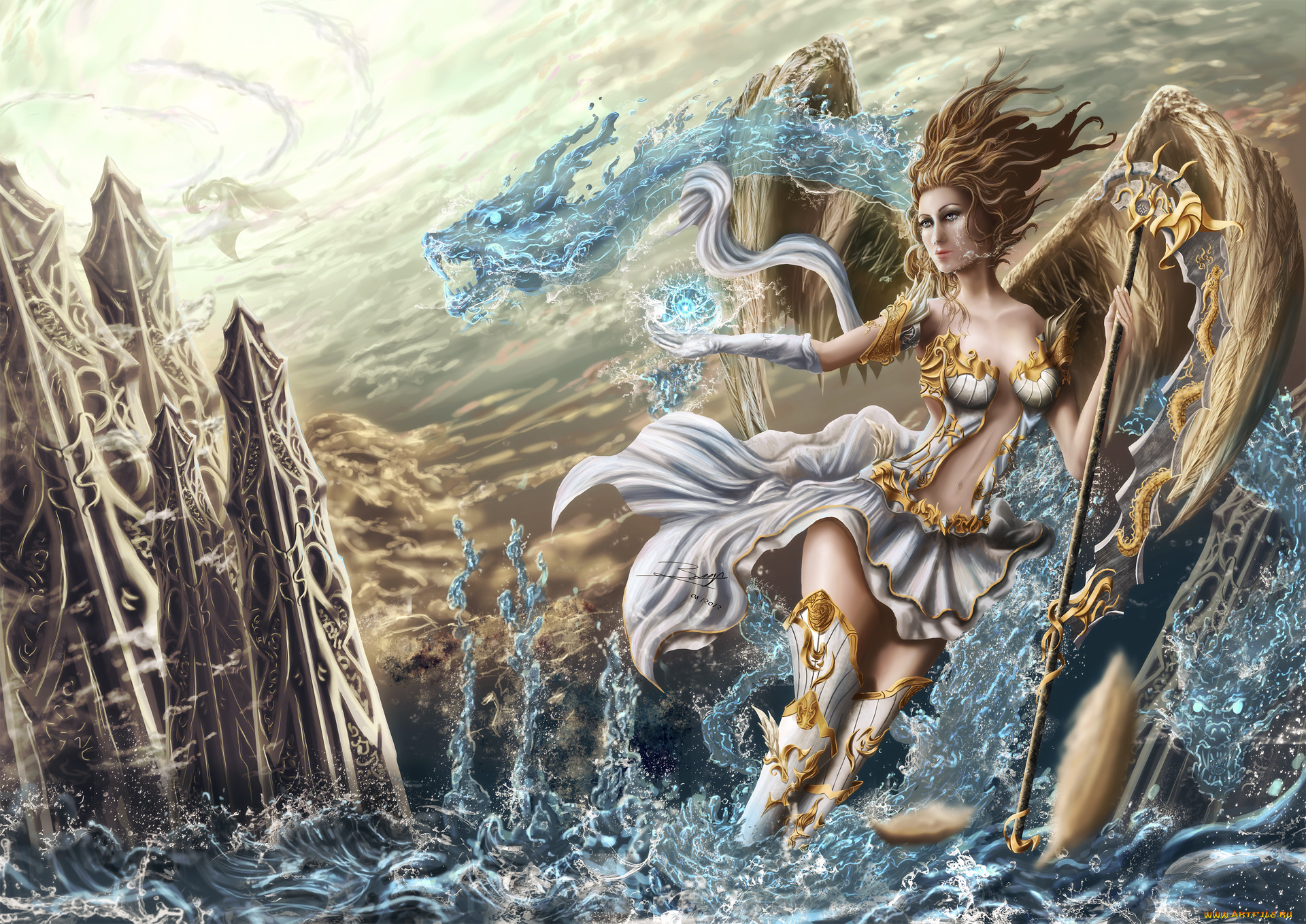 фэнтези, ангелы, вода, дракон, посох, магия, девушка