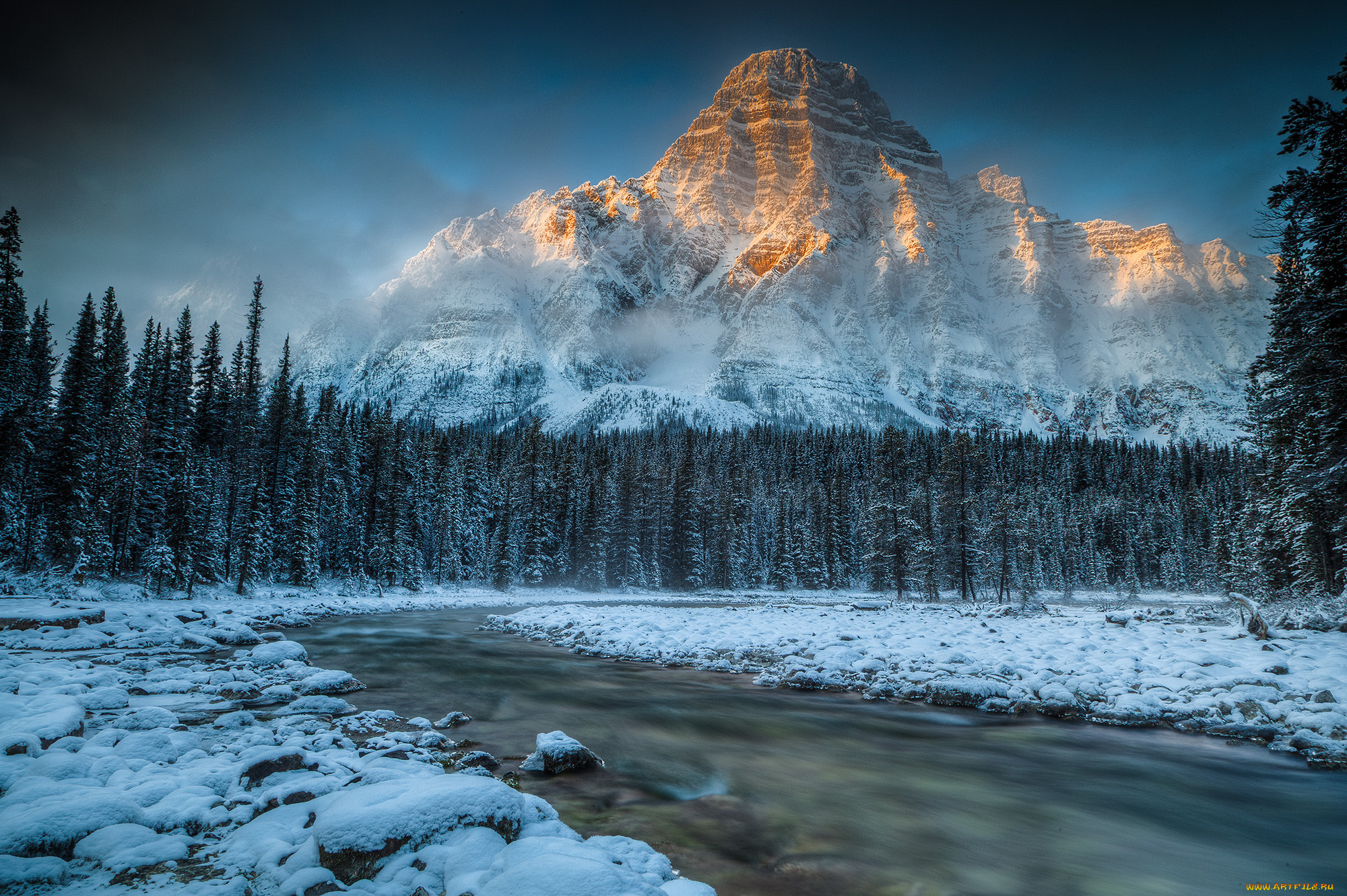 mount, chephren, banff, national, park, alberta, canada, природа, горы, банф, альберта, канада, река, лес, зима, деревья