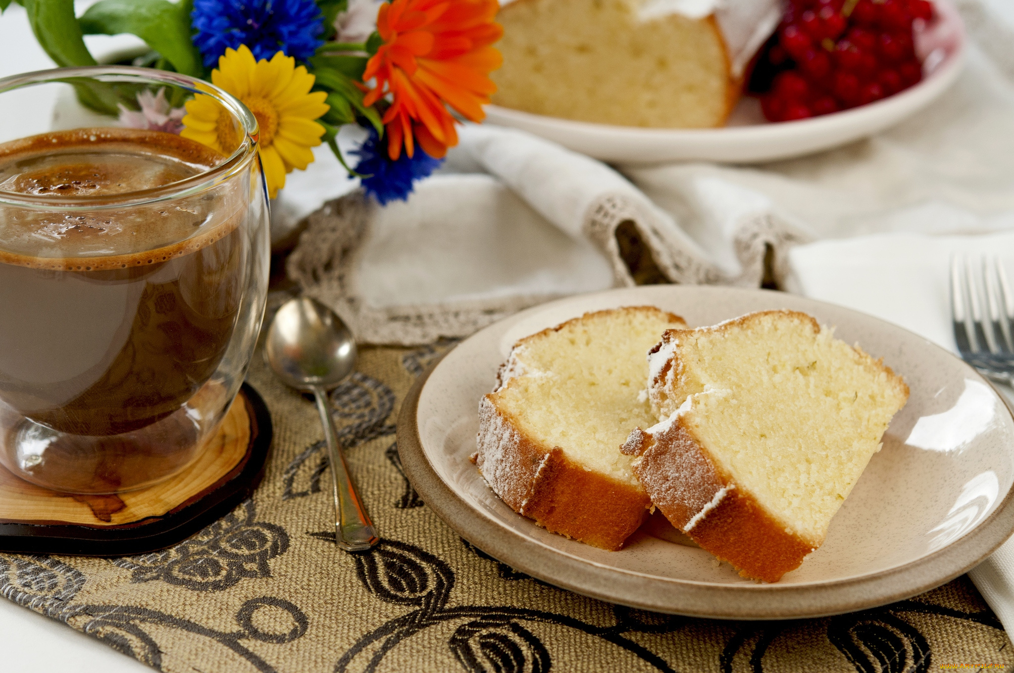 еда, кофе, кофейные, зёрна, цветы, выпечка