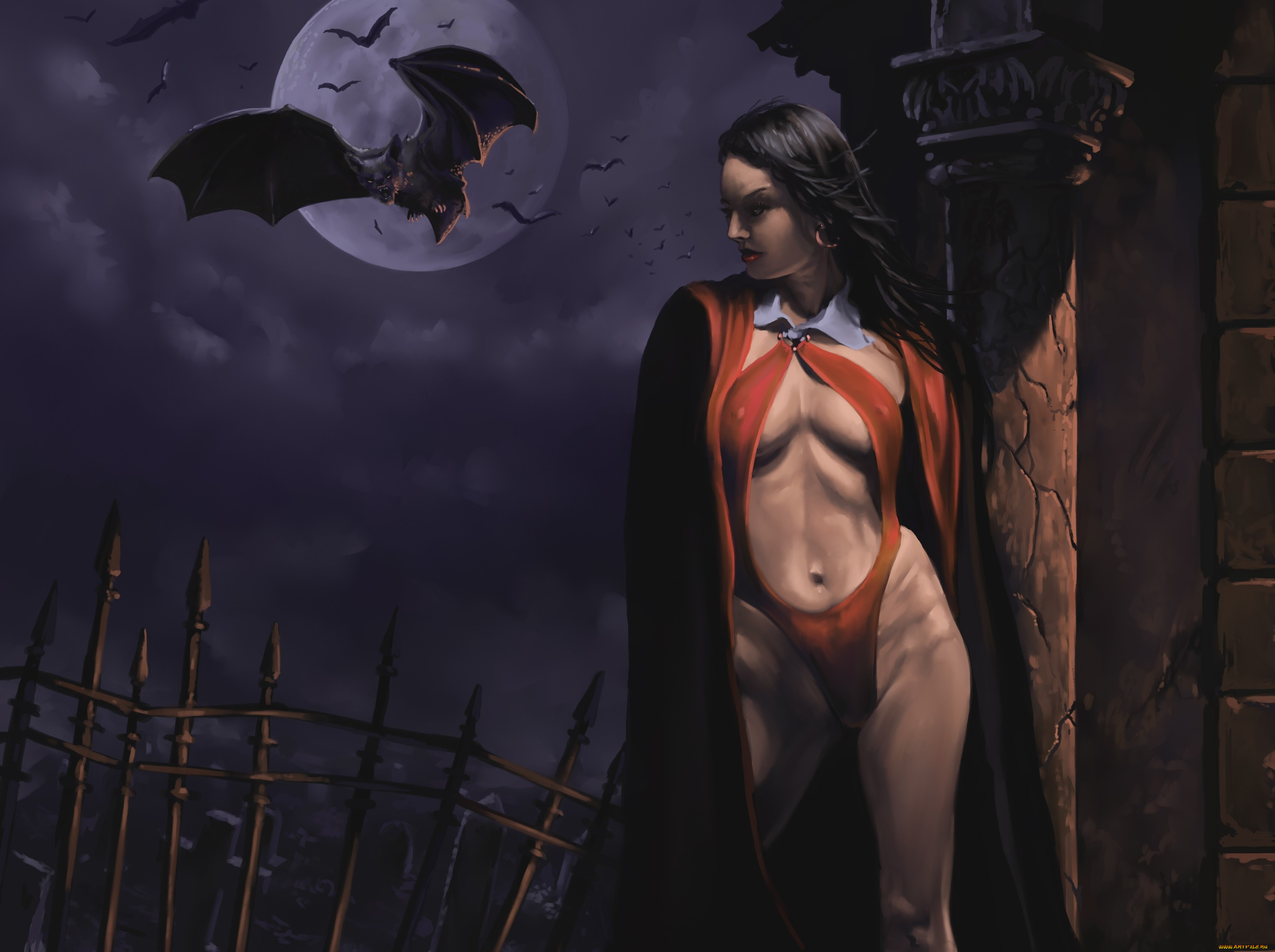 фэнтези, вампиры, вампирелла, vampirella, летучие, мыши, ночь, луна