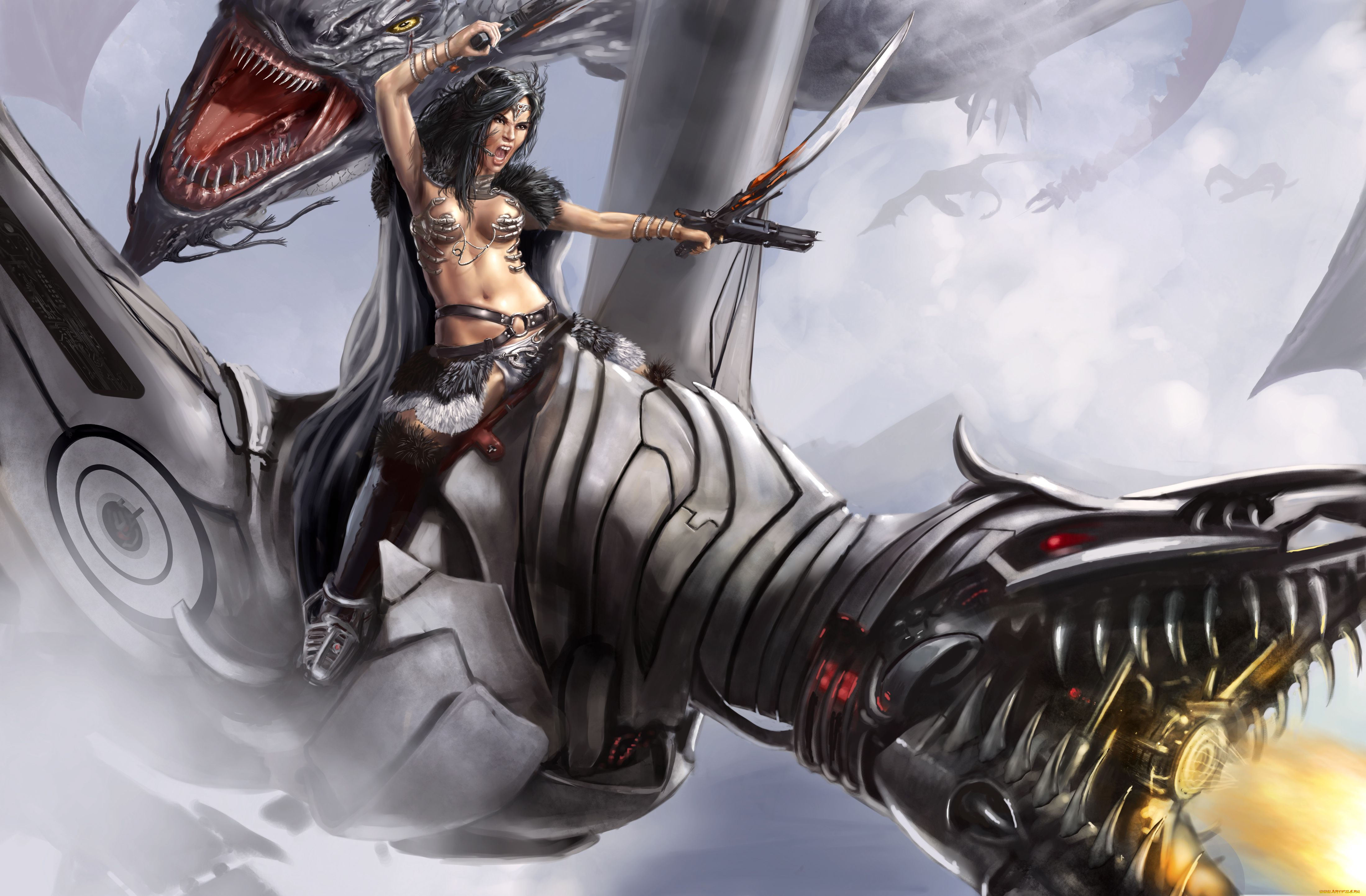 фэнтези, красавицы, чудовища, дракон, робот, механизм, воительница