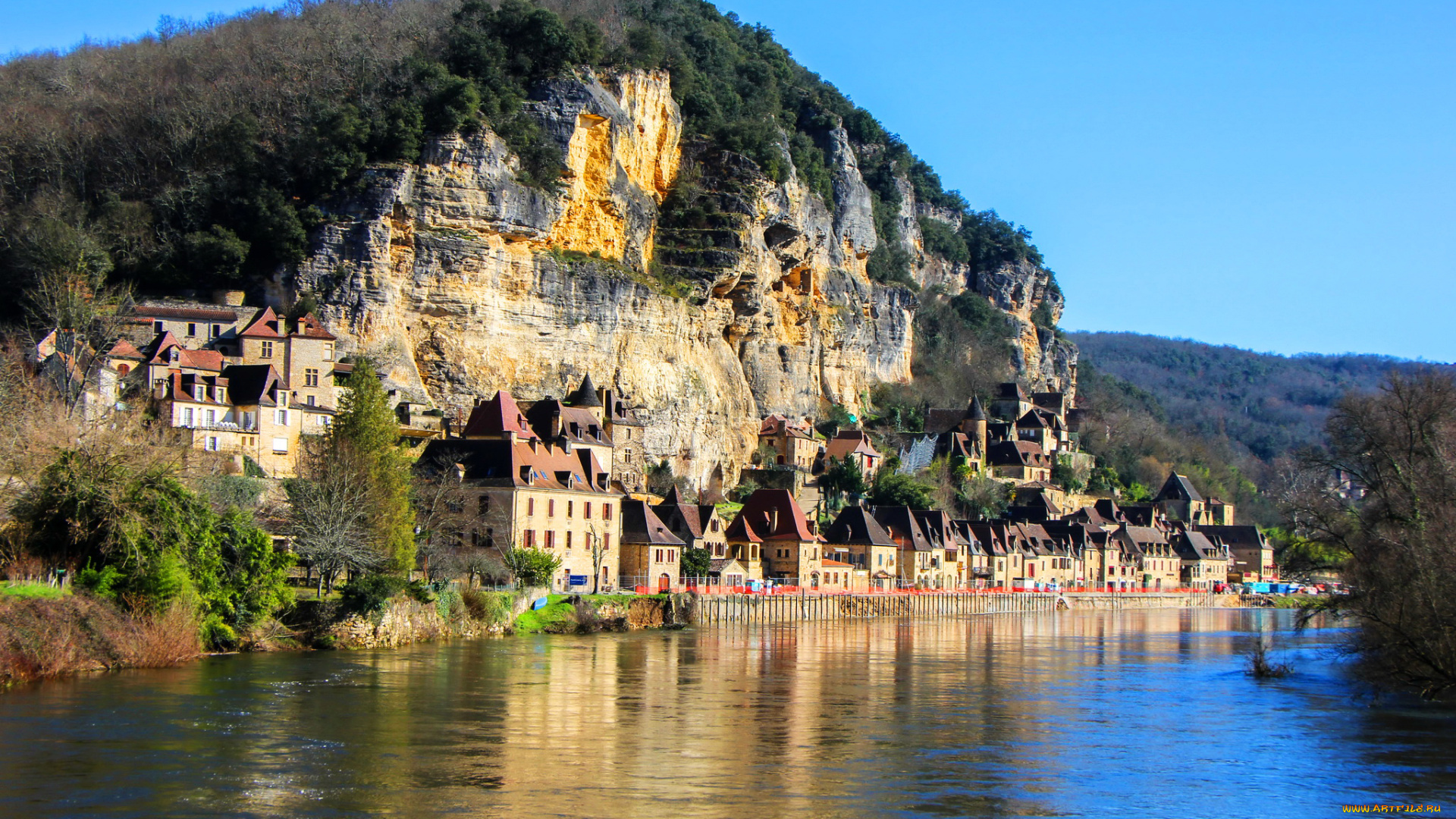 деревня, la, roque, gageac, франция, города, -, пейзажи, пейзаж, скала, река, деревня, франция, дома