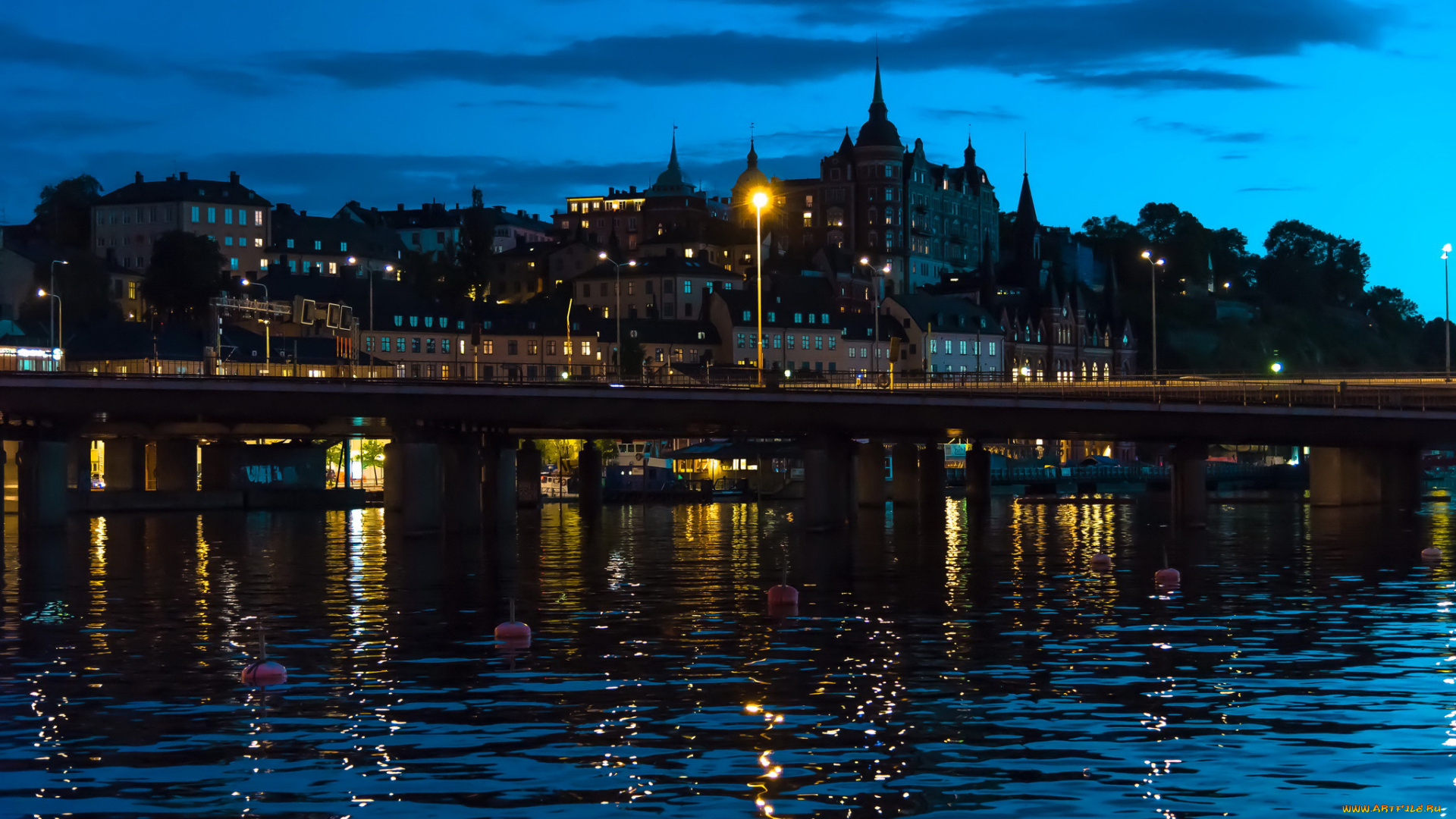 города, стокгольм, , швеция, мост, река, стокгольм, огни, дома, ландшафт, ночь