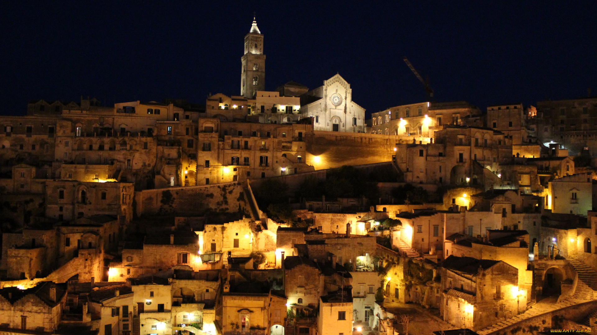 матера, италия, города, -, огни, ночного, города, италия, матера, italy, matera, огни, ночь, дома