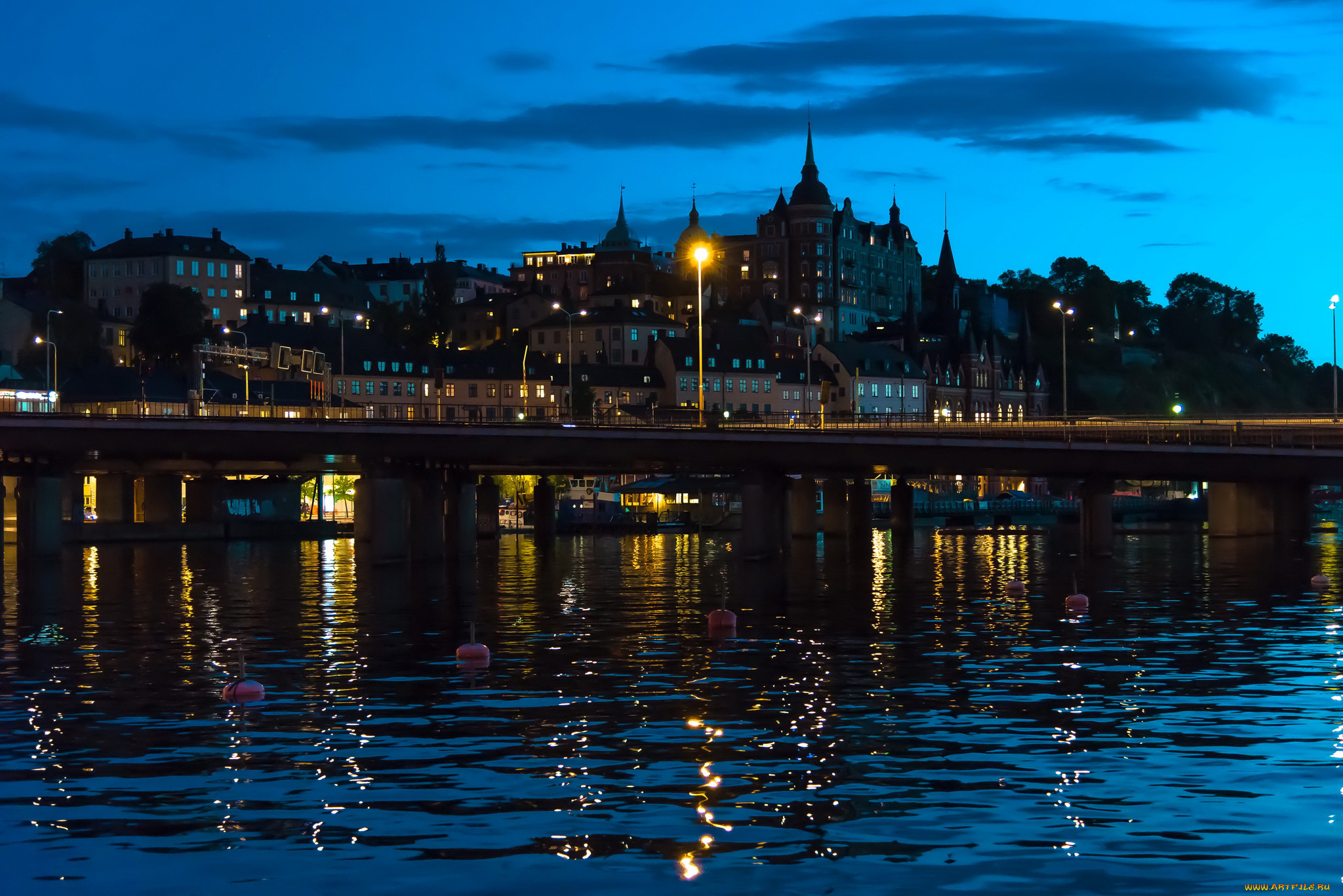 города, стокгольм, , швеция, мост, река, стокгольм, огни, дома, ландшафт, ночь