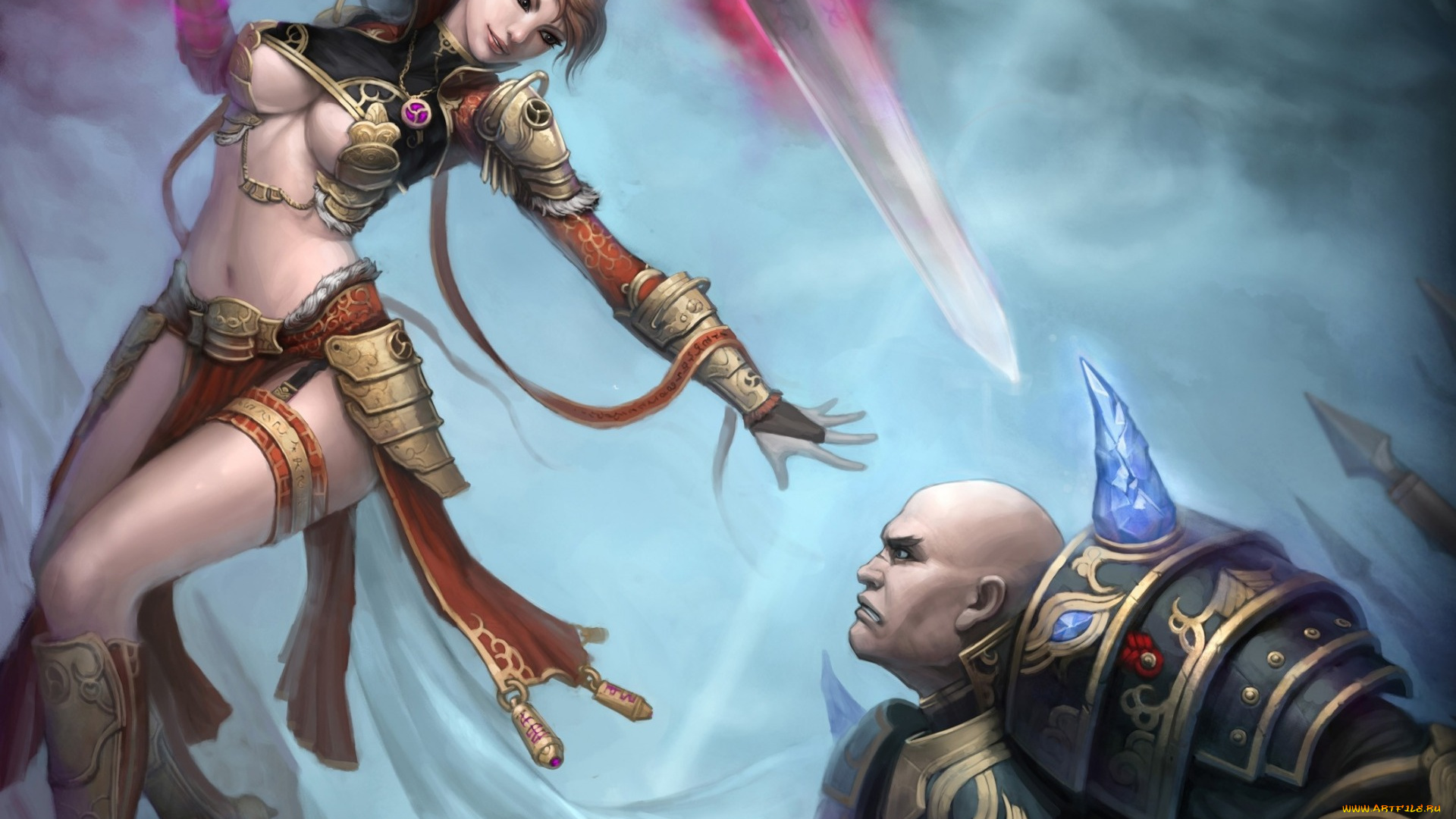 фэнтези, девушки, битва, оружие, мужчина, броня, девушка, арт