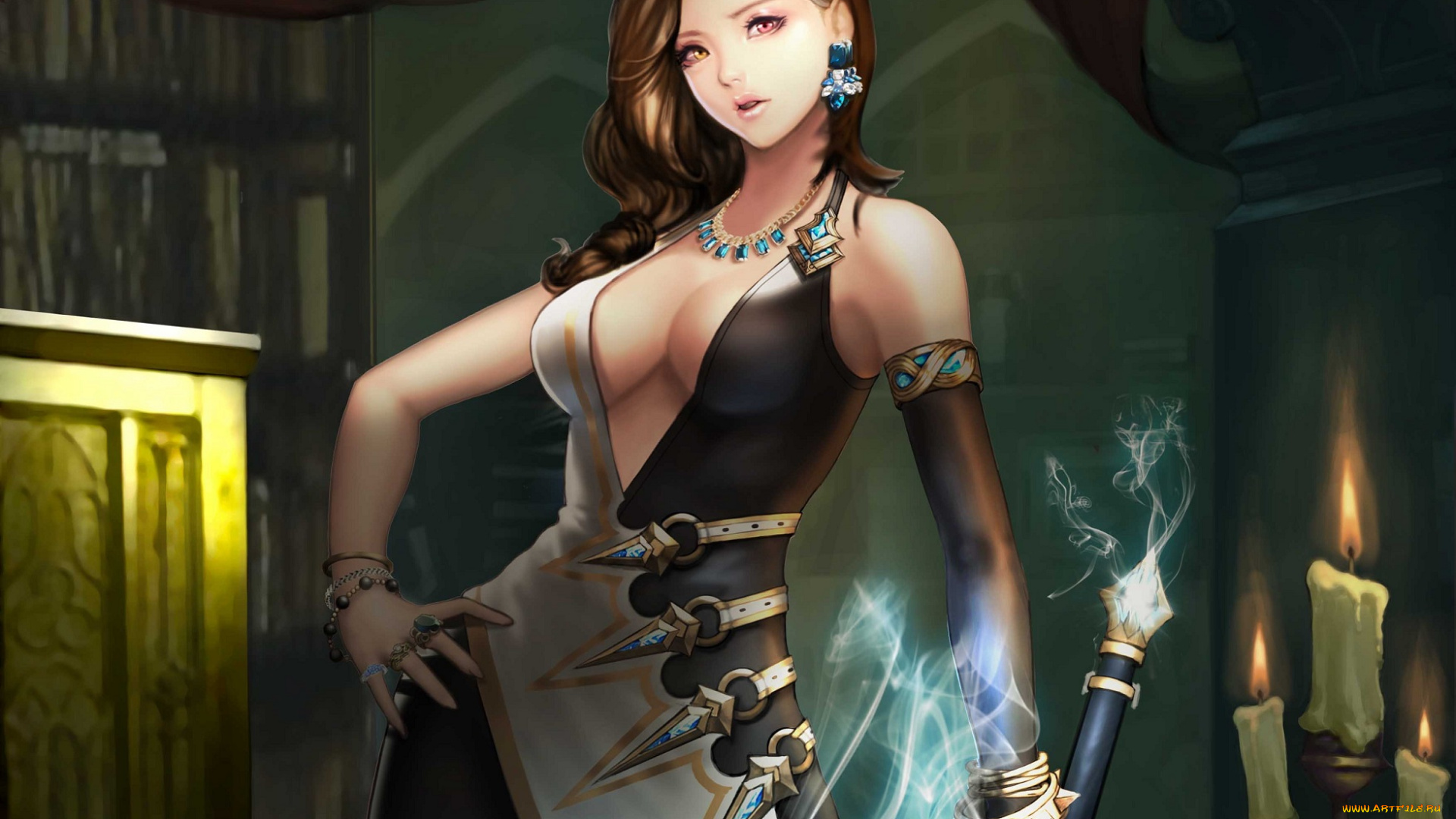 фэнтези, девушки, магия, рукоядка, свечи, девушка, фэнетзи, joo, hyung, lee, арт