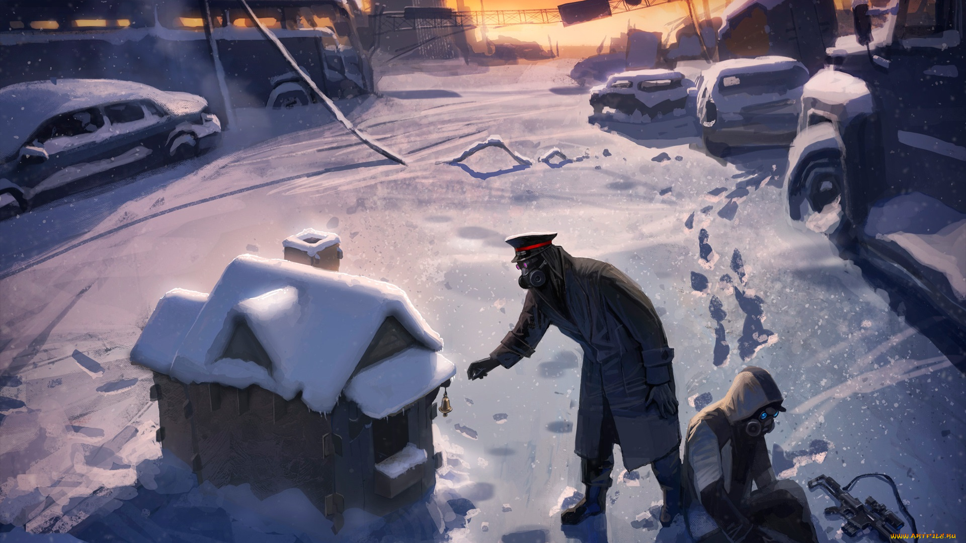 фэнтези, романтика, апокалипсиса, арт, романтика, апокалипсиса, домик, зима, люди