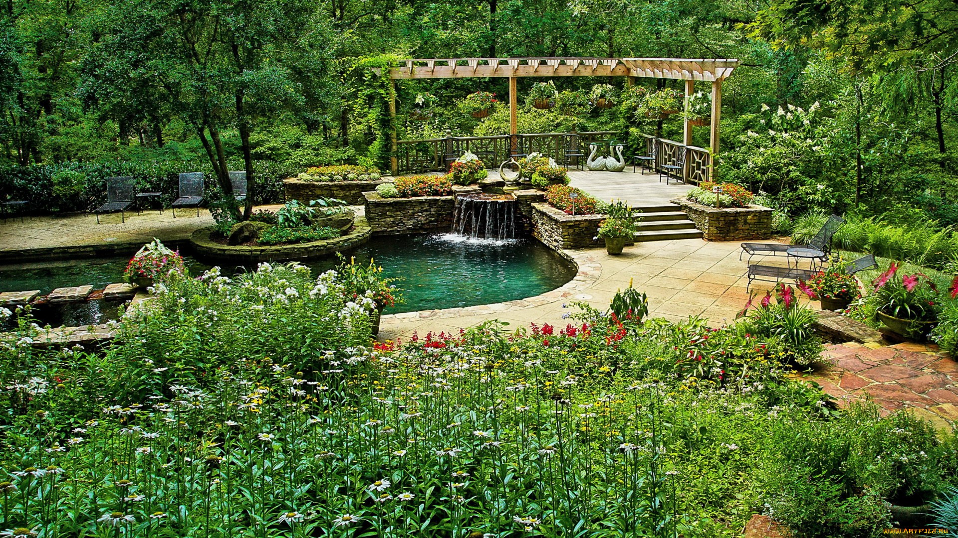 gibbs, gardens, сша, природа, парк, водопад, сад, кусты, деревья