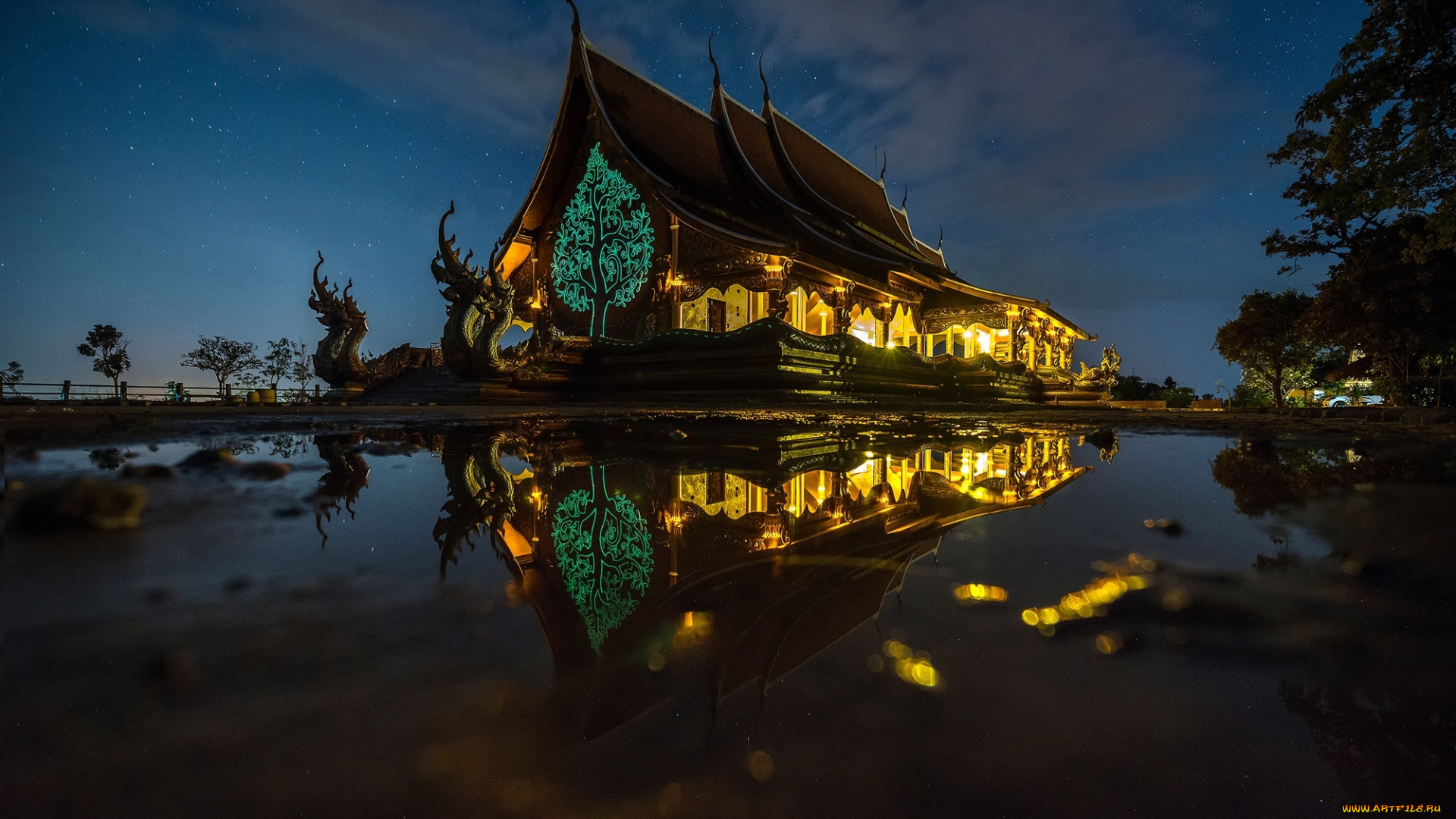 города, -, здания, , дома, thailand, night, travel, тайланд, туризм, вода, lights, tree, dragons, castle, hd, путешествие, огни, звезды, ночь, драконы, дворец