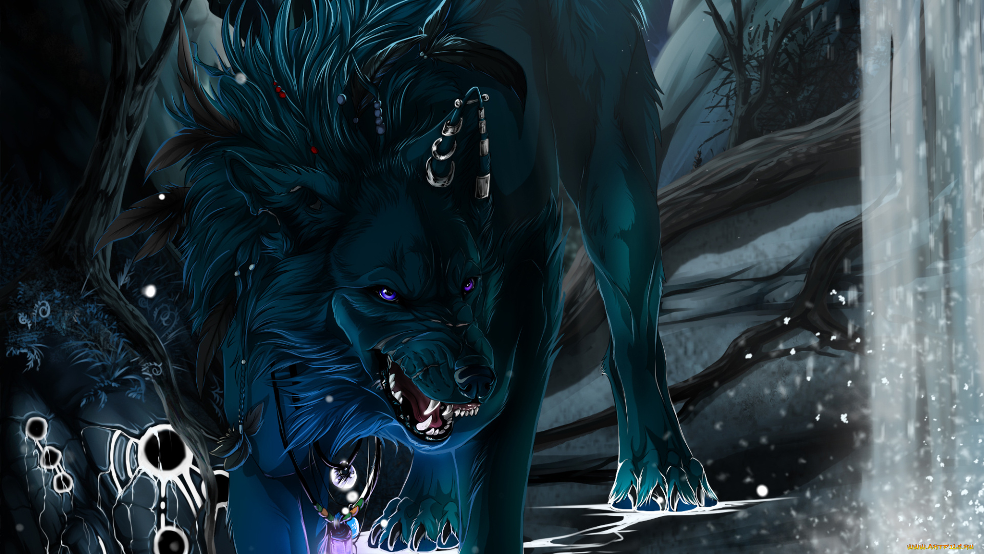 рисованное, животные, , волки, art, wolfroad, волк, черный, клыки, водопад