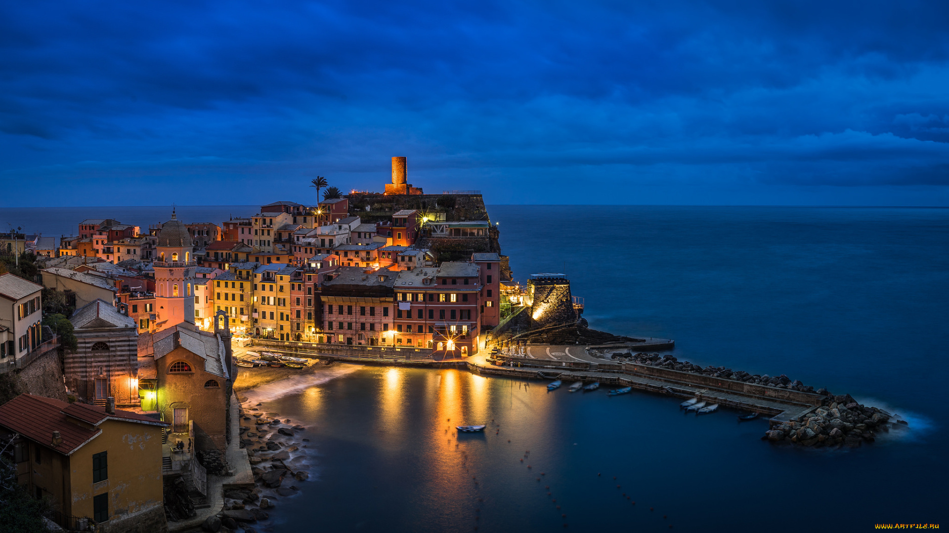 vernazza, города, -, огни, ночного, города, побережье