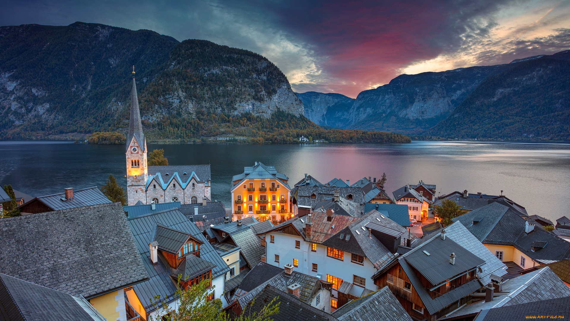 города, -, пейзажи, alps, lake, hallstatt, вечер, austria, озеро, гальштатское, крыши, дома, церковь, австрия, горы, гальштат, альпы