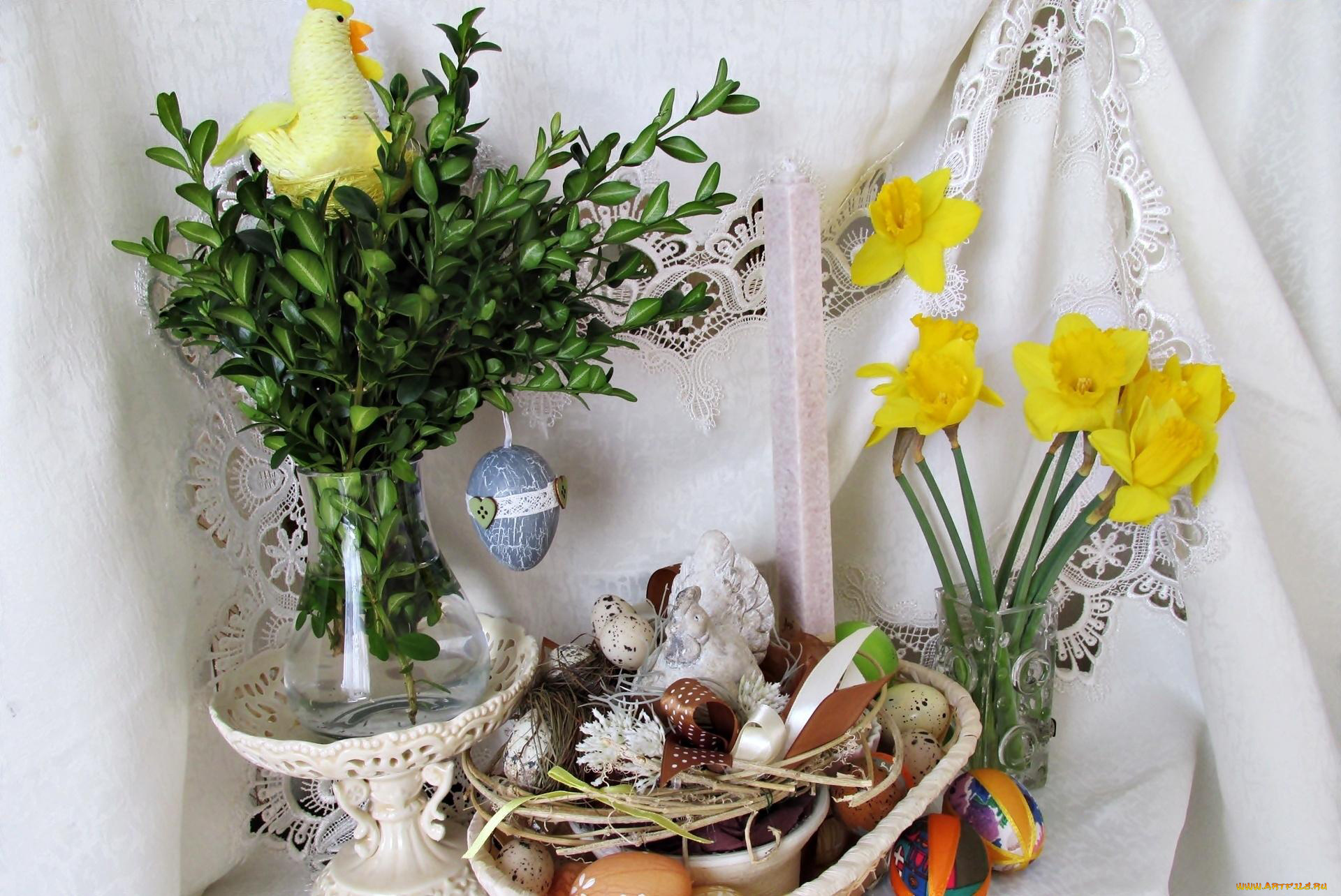праздничные, пасха, нарциссы, композиция