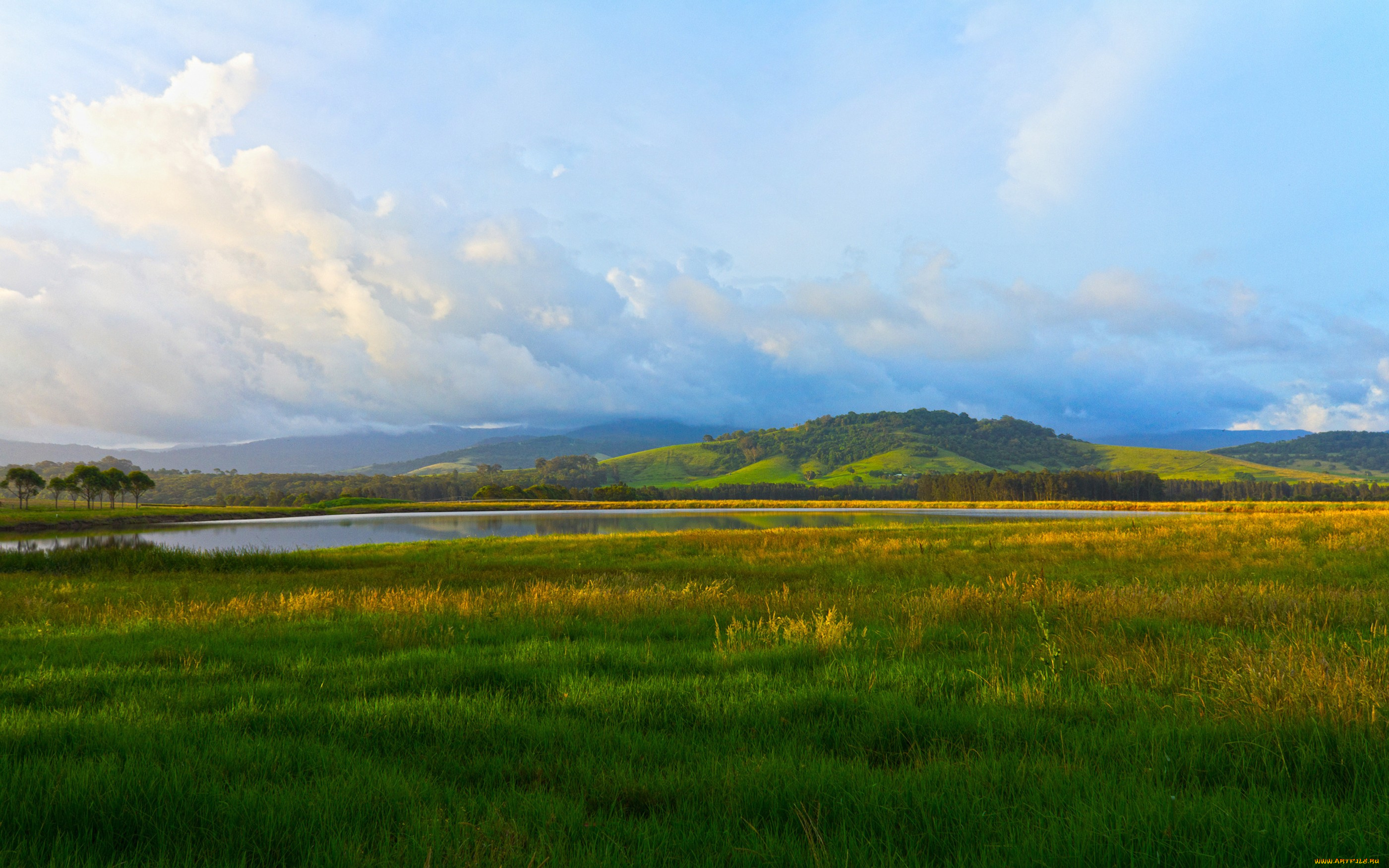 природа, луга, небо, облака, трава, холмы, река