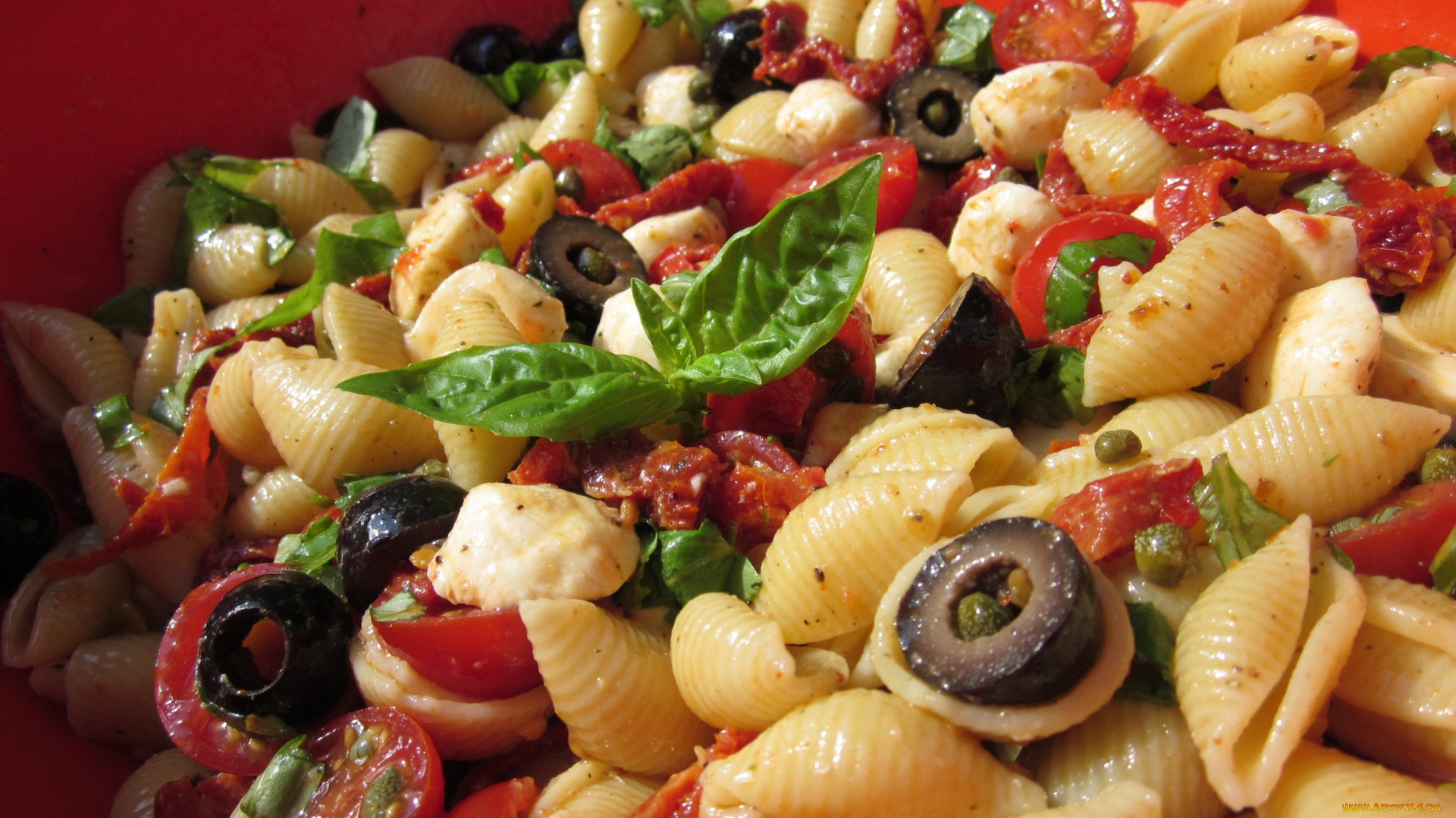 еда, макаронные, блюда, ракушки, макароны, базилик, помидоры, маслины