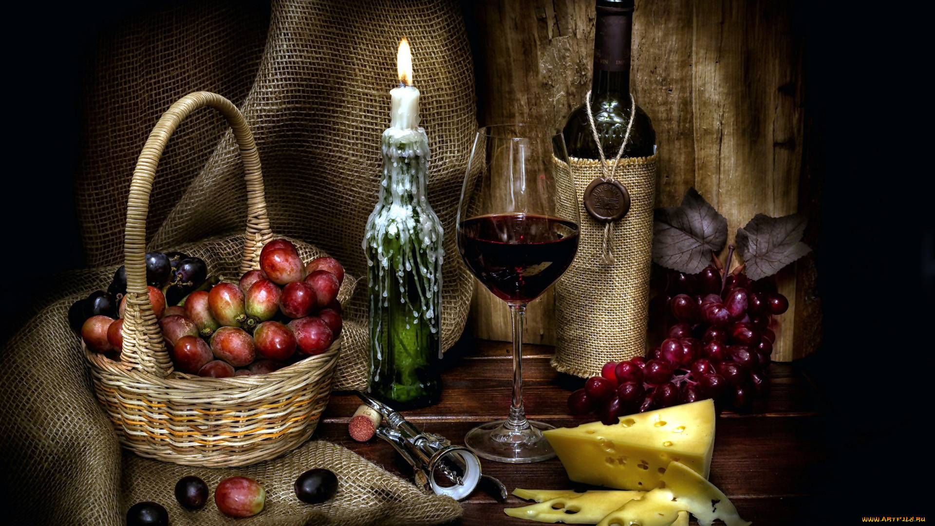 еда, натюрморт, виноград, сыр, свеча, вино
