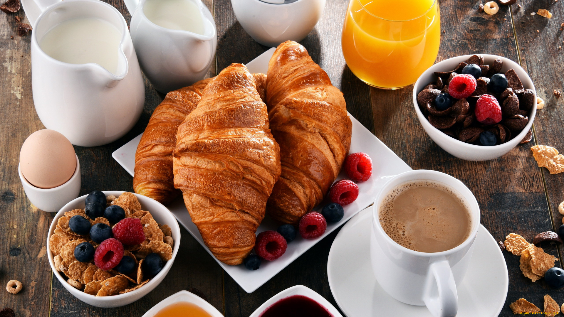 еда, разное, круассаны, хлопья, завтрак, молоко, сок, кофе