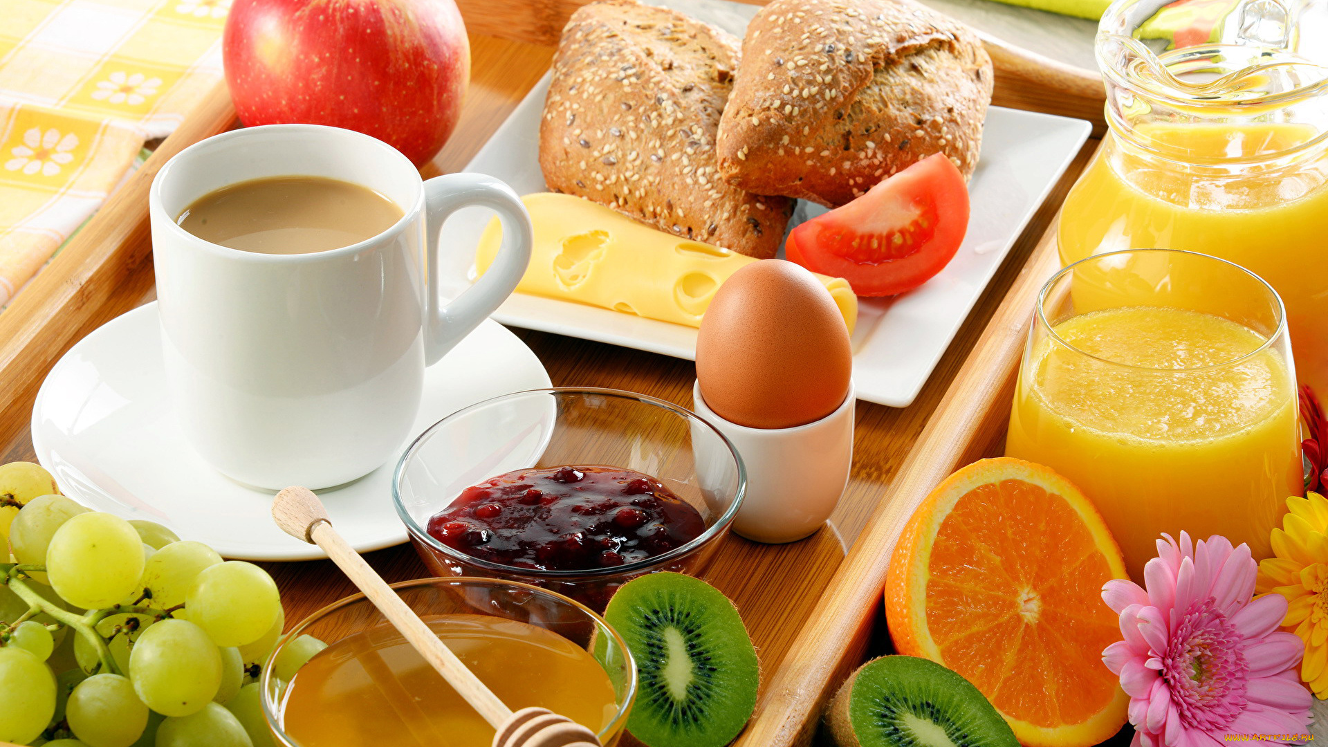 еда, разное, сыр, виноград, киви, джем, сок, кофе, завтрак