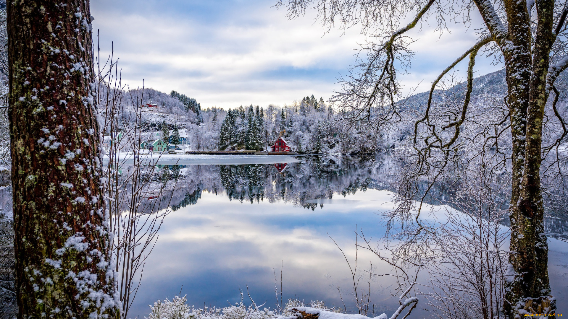города, -, пейзажи, зима, деревья, фьорд, norway, деревня, норвегия, sogn, og, fjordane, flekke, домики, отражение, flekkefjorden
