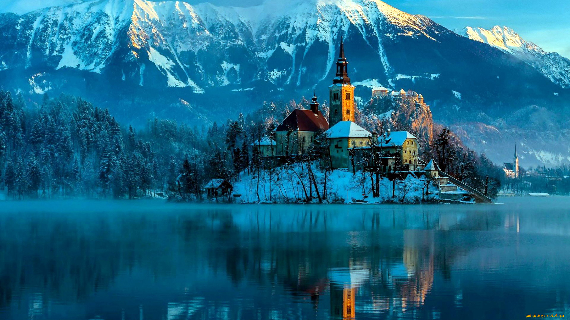 города, блед, , словения, горы, зима, озеро