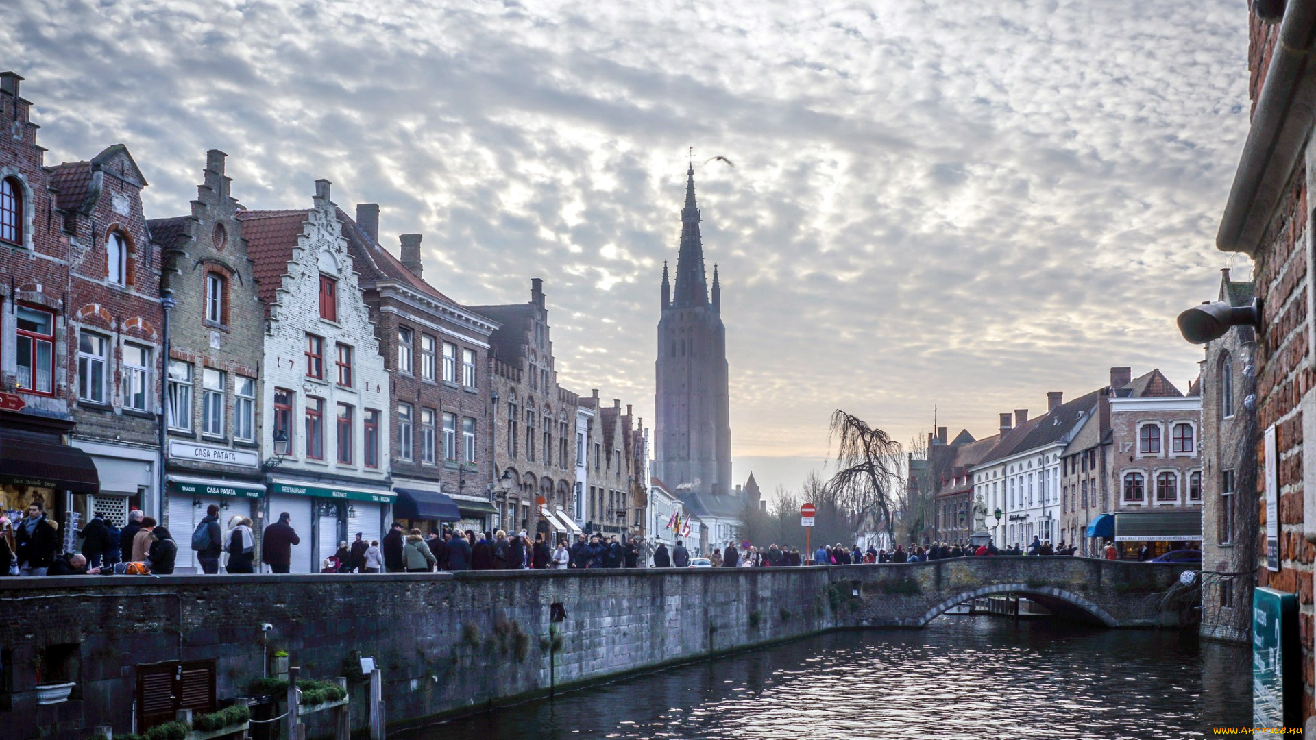 города, брюгге, , бельгия, канал, набережная, облака