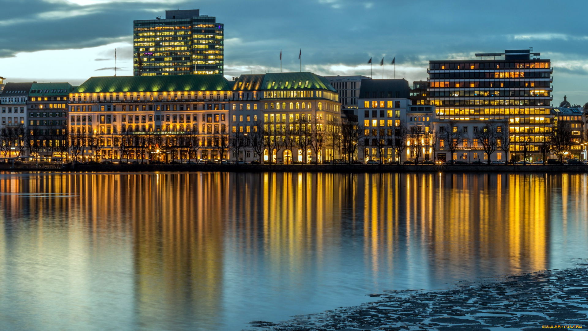 города, гамбург, , германия, огни, вечер, река