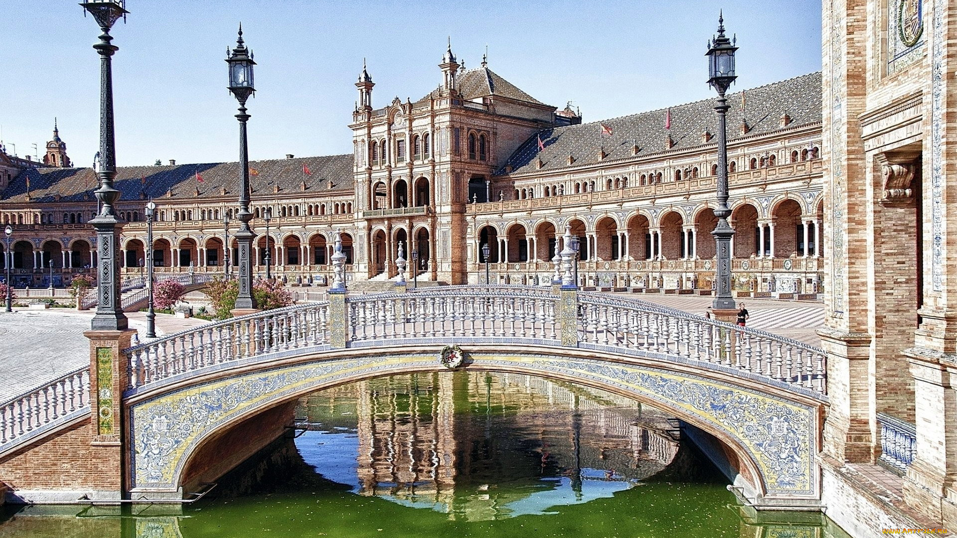 города, севилья, , испания, фонари, мост, канал