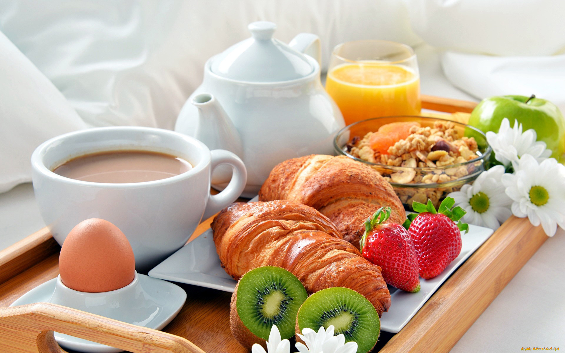 еда, разное, завтрак, хлопья, киви, сок, кофе, круассаны