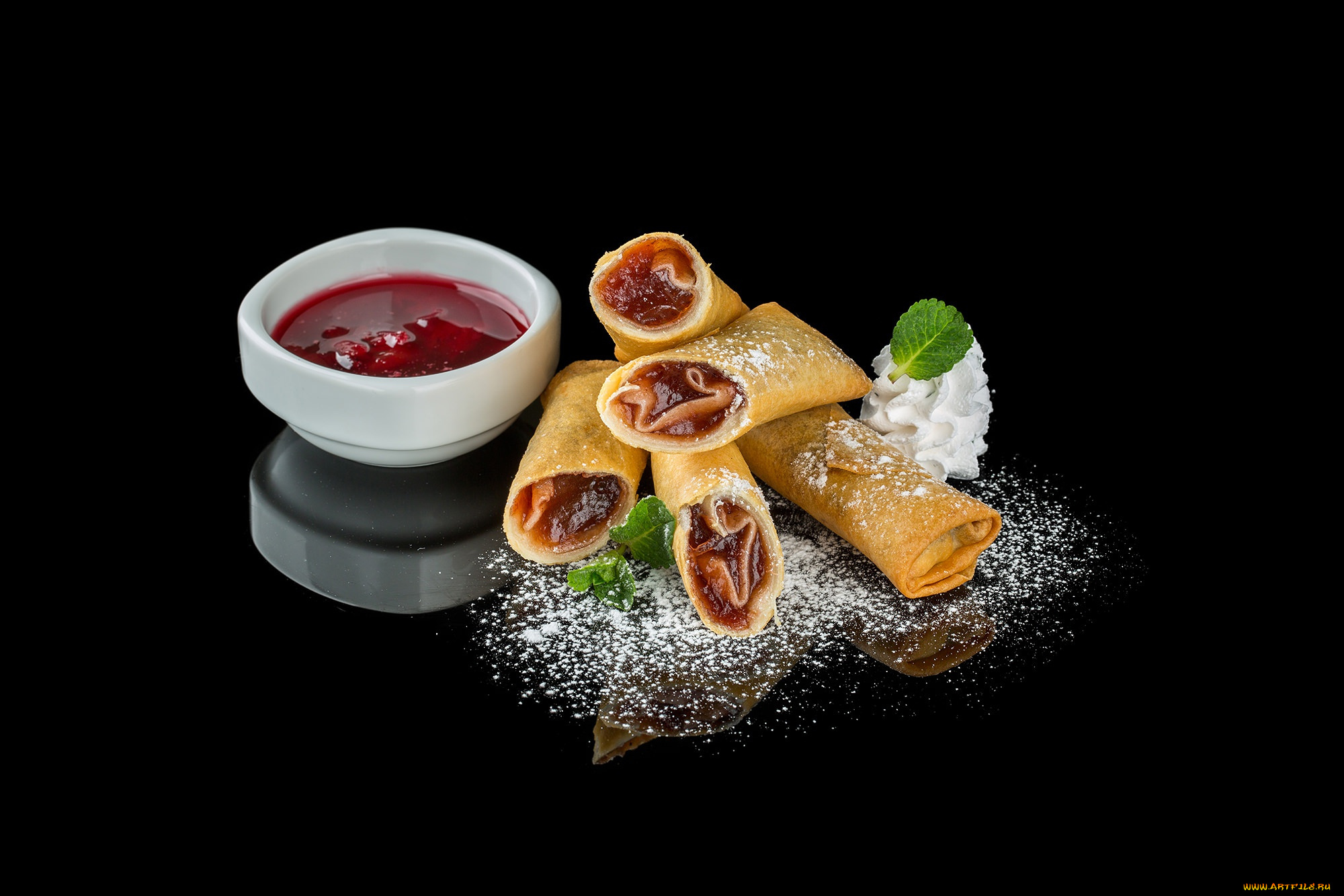 еда, блины, , оладьи, мята, сливки, джем, блинчики