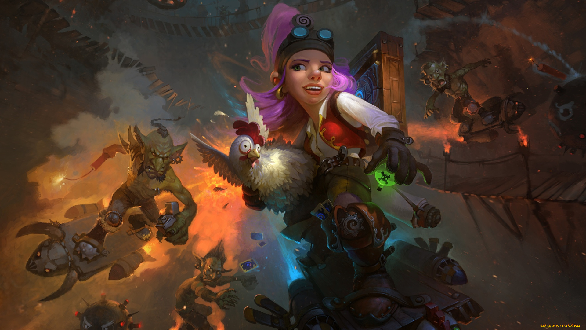 видео, игры, hearthstone, , heroes, of, warcraft, гоблины, погоня, девушка, курица