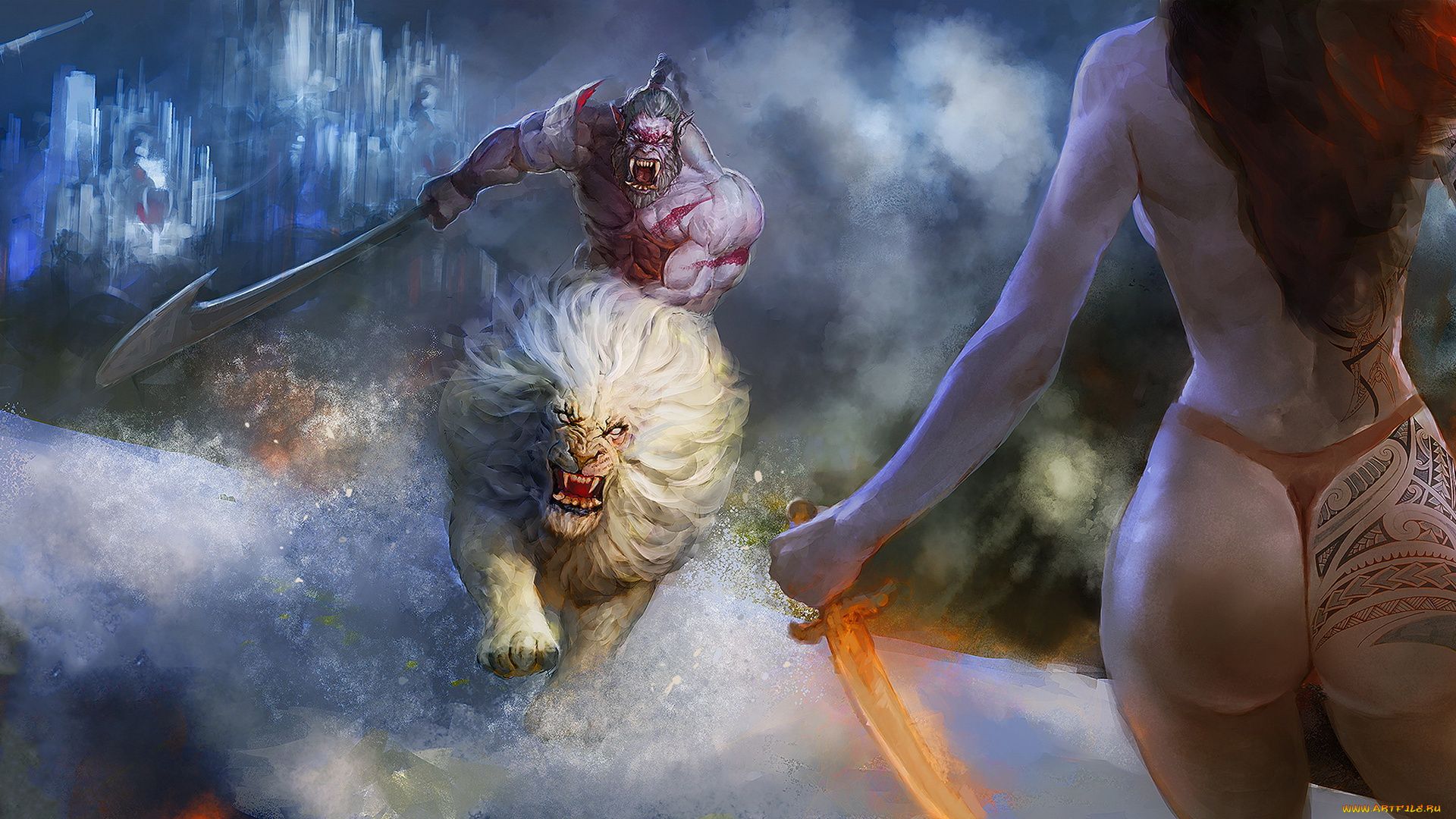 видео, игры, world, of, warcraft, кинжал, тату, сабля, лев, орк, фон, девушка