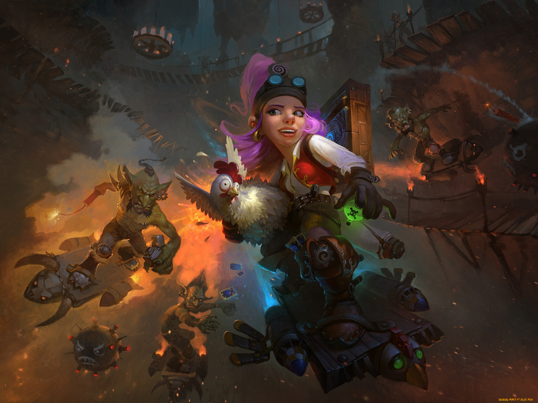 видео, игры, hearthstone, , heroes, of, warcraft, гоблины, погоня, девушка, курица