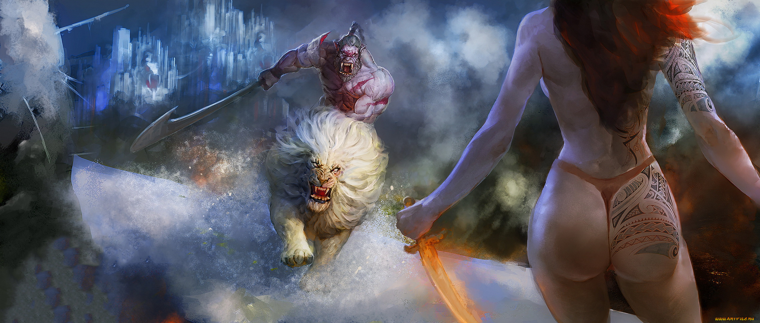 видео, игры, world, of, warcraft, кинжал, тату, сабля, лев, орк, фон, девушка