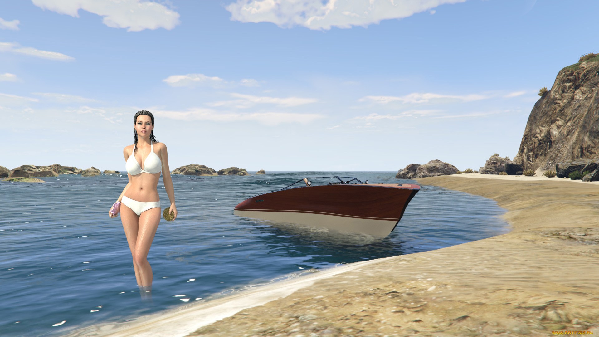 3д, графика, люди, , people, девушка, фон, взгляд, купальник, море, катер, пляж
