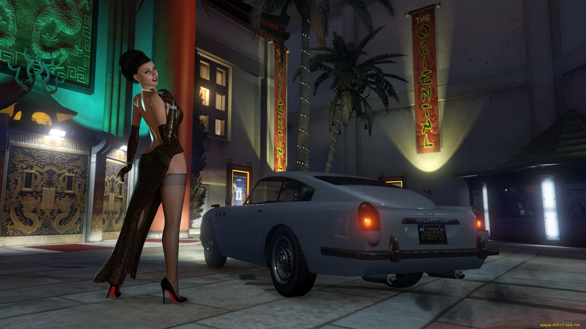 3д, графика, люди-авто, мото, , people-, car, , , moto, девушка, фон, взгляд, платье, чулки, автомобиль, улыбка