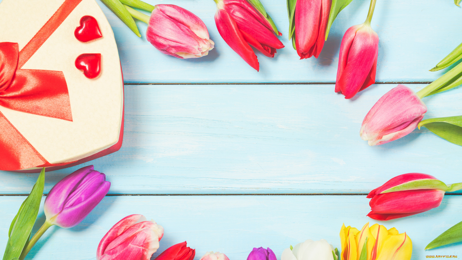 праздничные, день, святого, валентина, , сердечки, , любовь, цветы, colorful, тюльпаны, wood, flowers, tulips, spring, gift, box