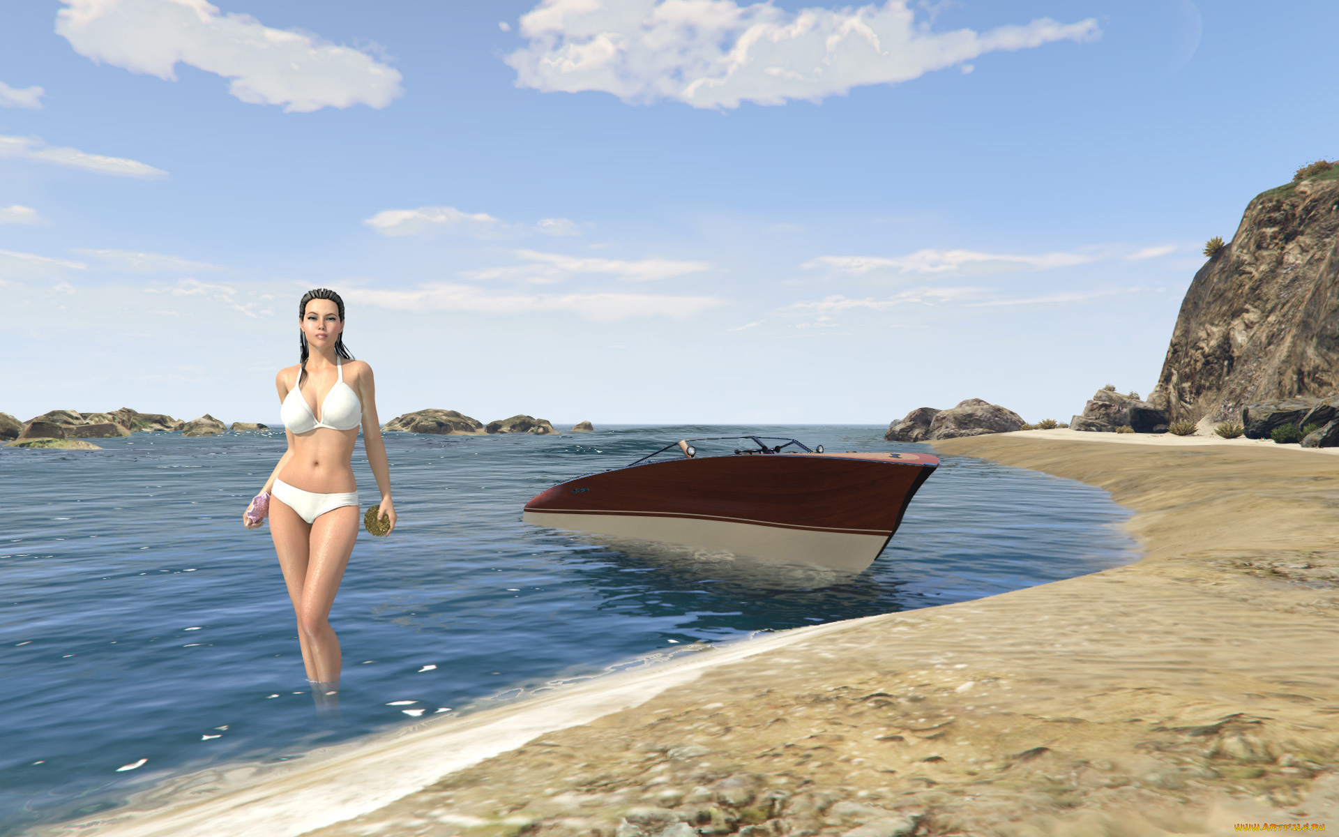 3д, графика, люди, , people, девушка, фон, взгляд, купальник, море, катер, пляж