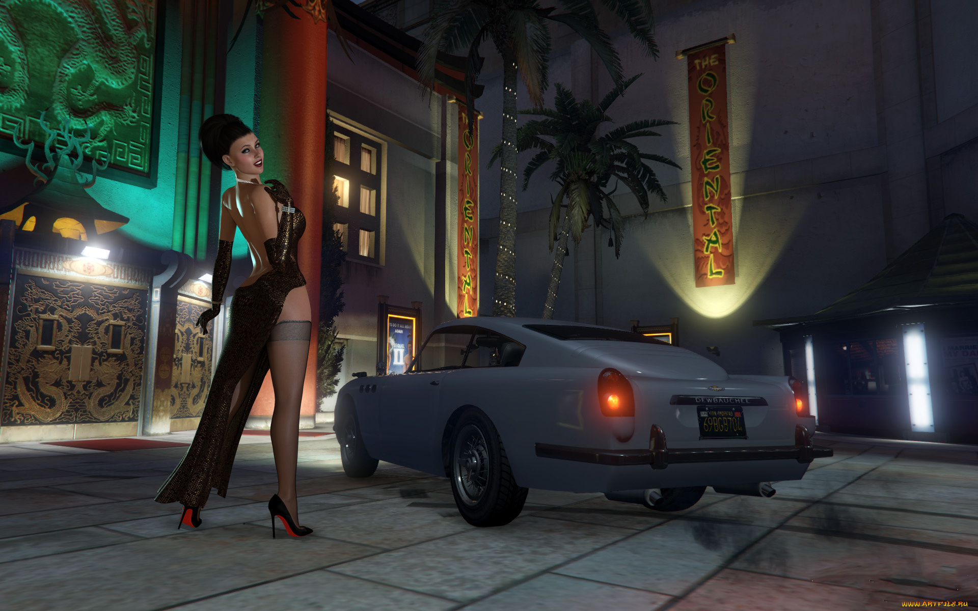 3д, графика, люди-авто, мото, , people-, car, , , moto, девушка, фон, взгляд, платье, чулки, автомобиль, улыбка