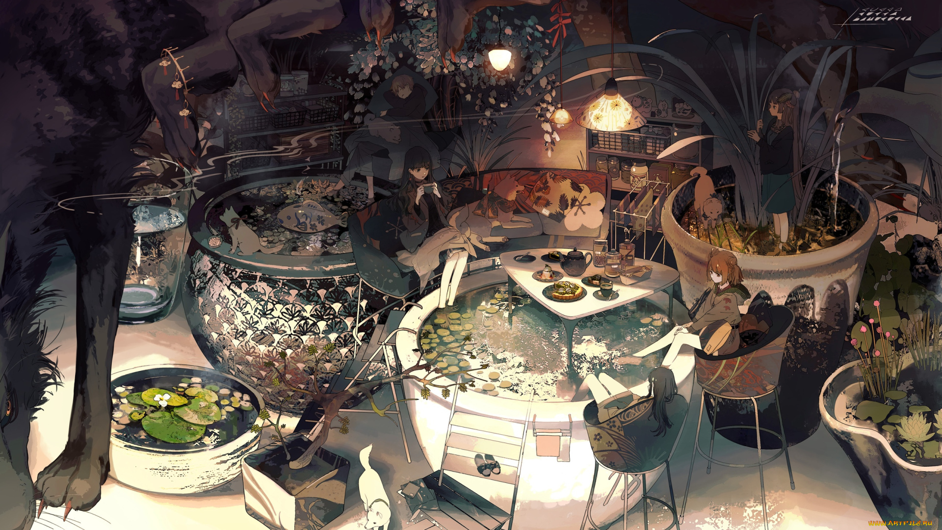 аниме, животные, , существа, девочки, бассейны, собаки