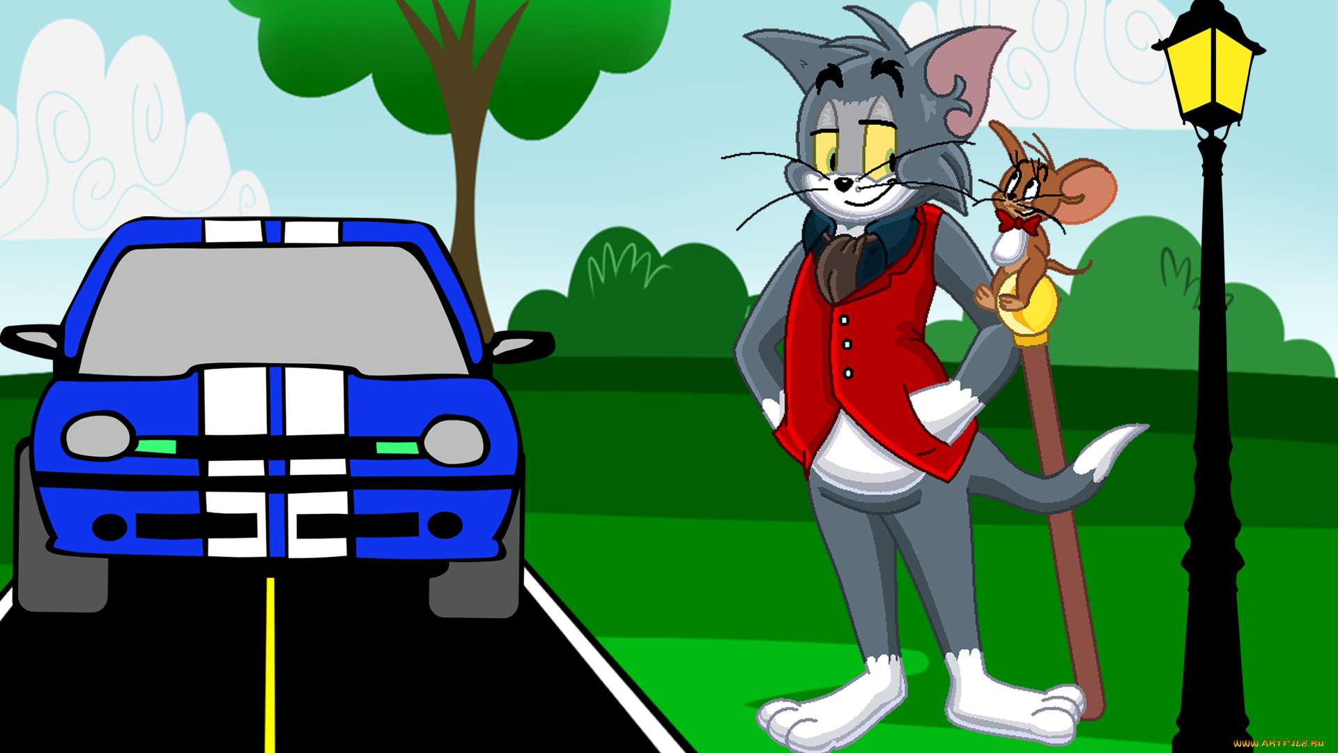 мультфильмы, tom, and, jerry, машина, дорога, том, джерри, фонарь