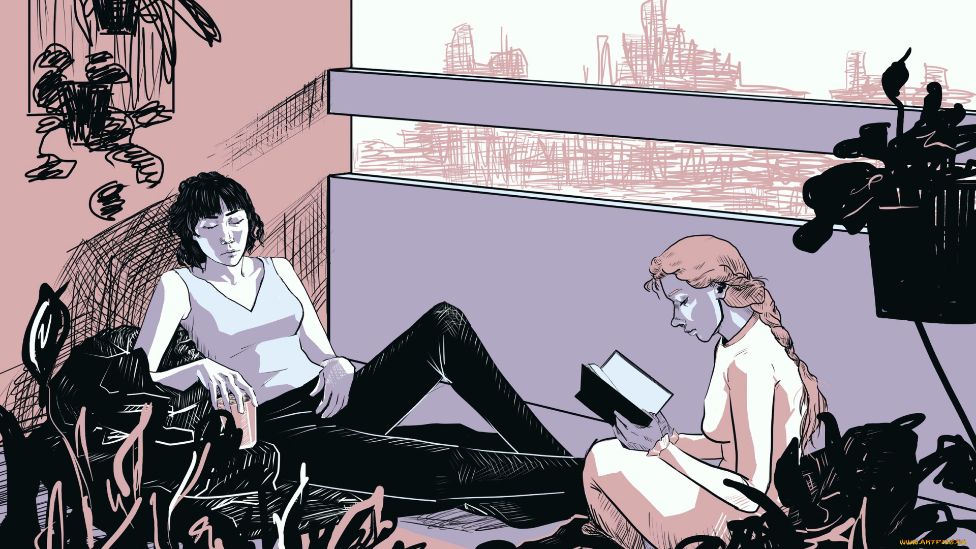 рисованное, люди, девушки, книга, растения